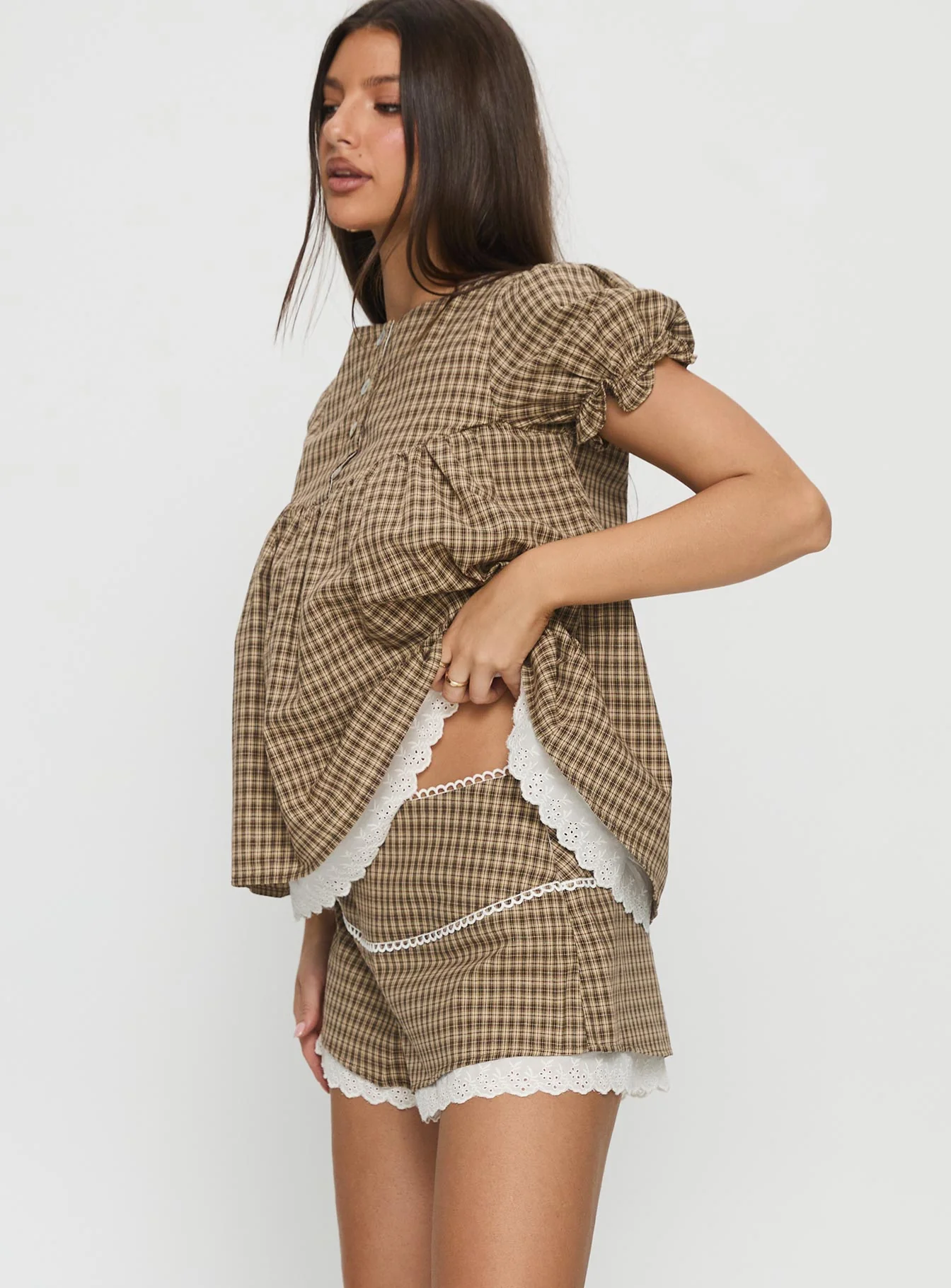 Chandelier Mini Lace Trim Shorts Brown Check