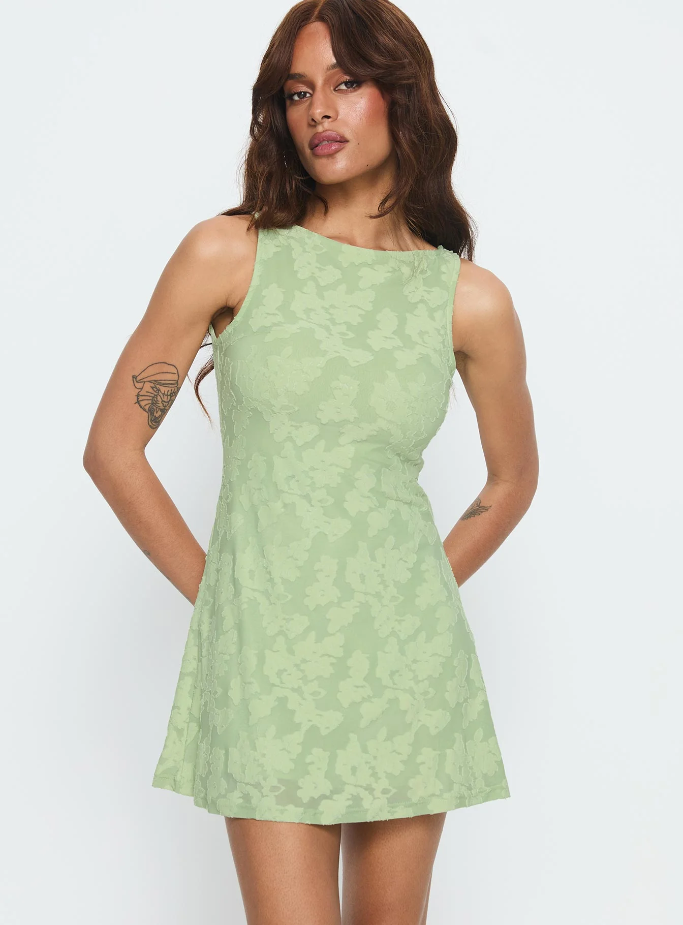Charming Life Boat Neck Mini Dress Green Floral