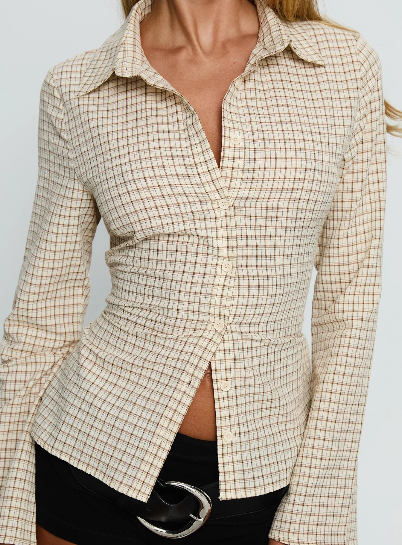 Eryx Tie Back Button Up Top Apricot Check