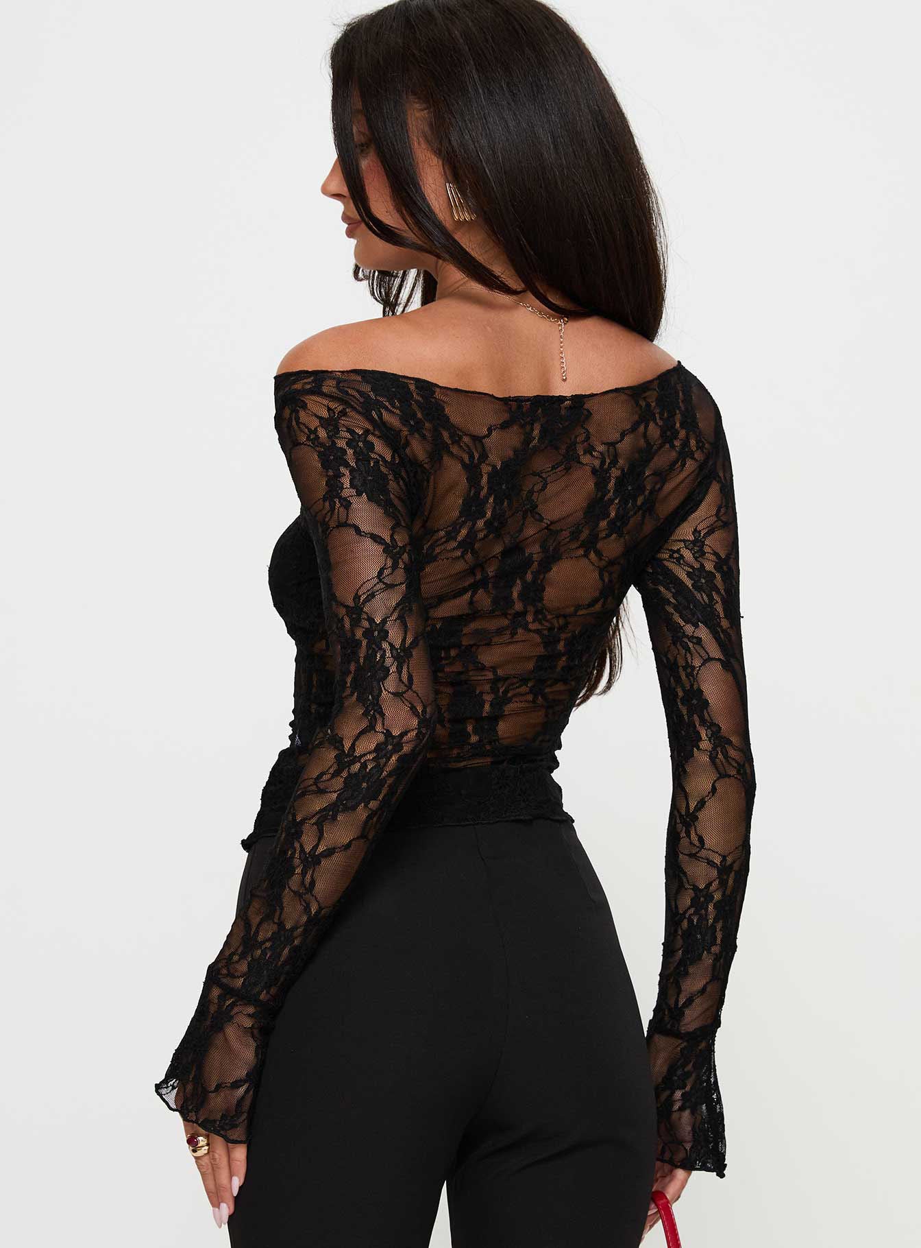 Junah Sheer Lace Long Sleeve Top Black