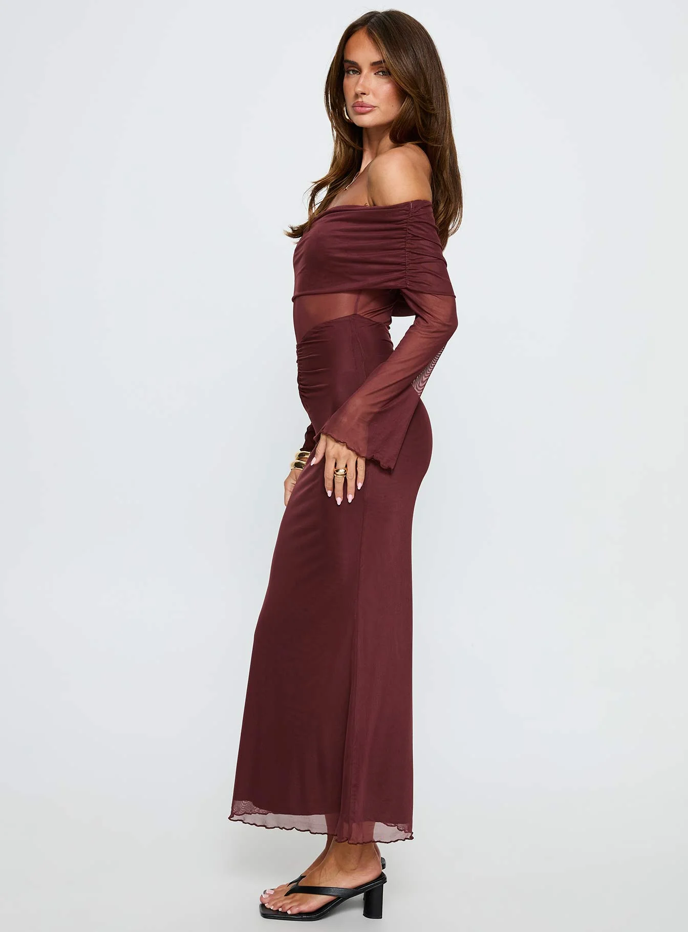 Velouria Off Shoulder Long Sleeve Maxi Dress Brown