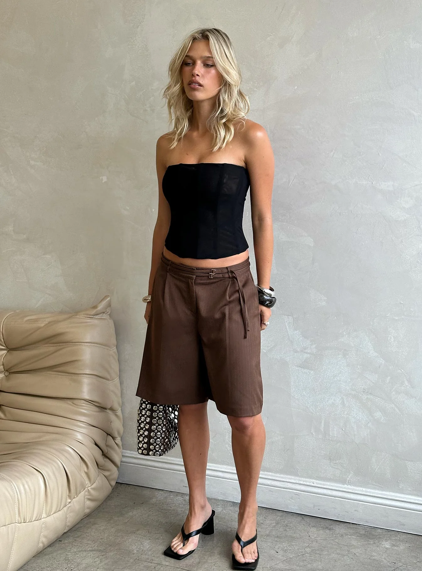Lorina Tailored Longline Shorts Brown Pinstripe