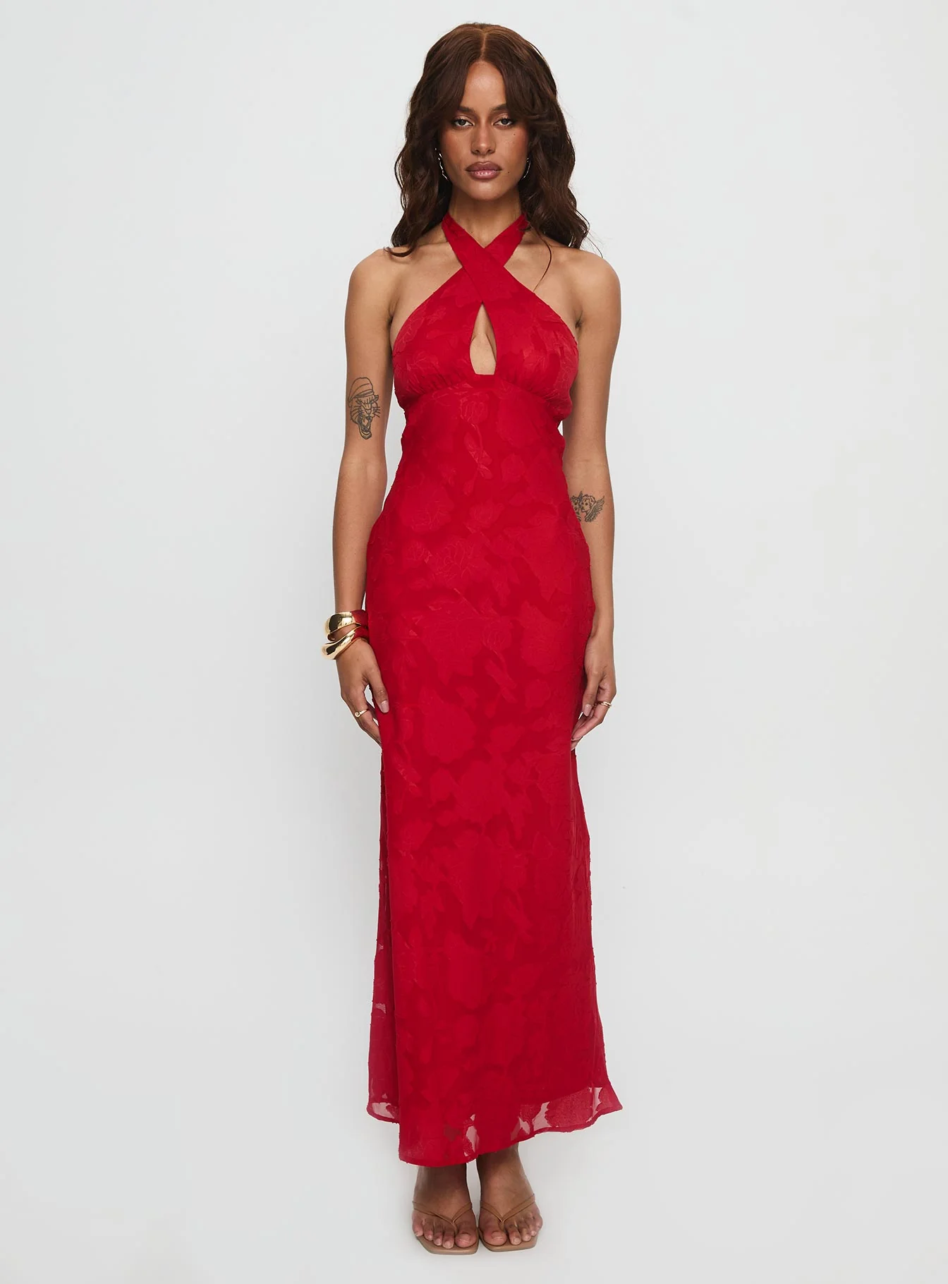 Ending Credits Halter Twist Maxi Dress Red Burnout