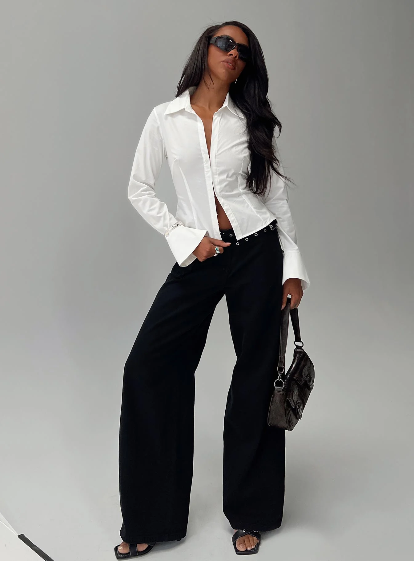 By The Phone Long Sleeve Collared Top White