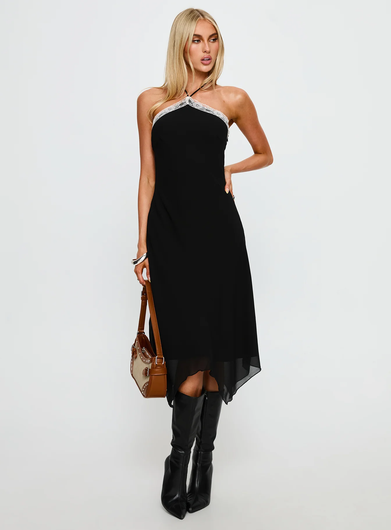 Naila Halter Lace Trim Midi Dress Black