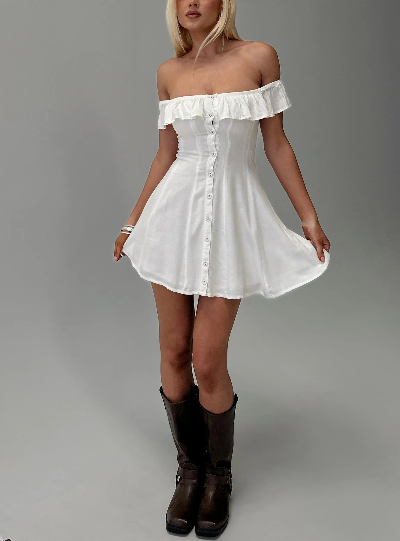 Corail Off Shoulder Frill Mini Dress White