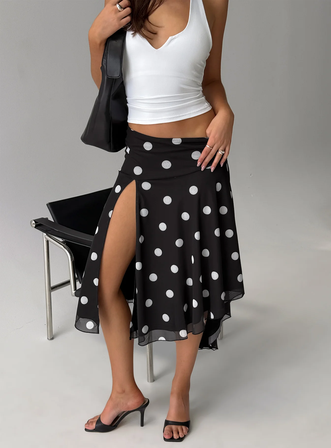 Dulciana High Split Asymmetrical Midi Skirt Black / Polka Dot