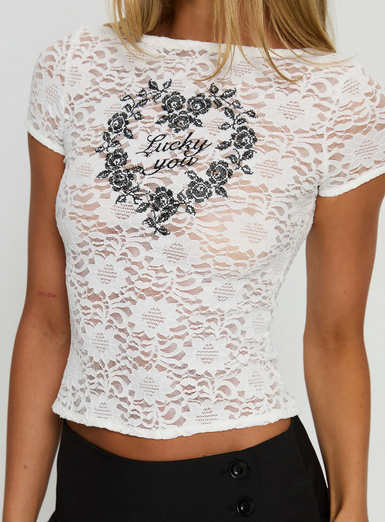Lucky You Lace Graphic Top White