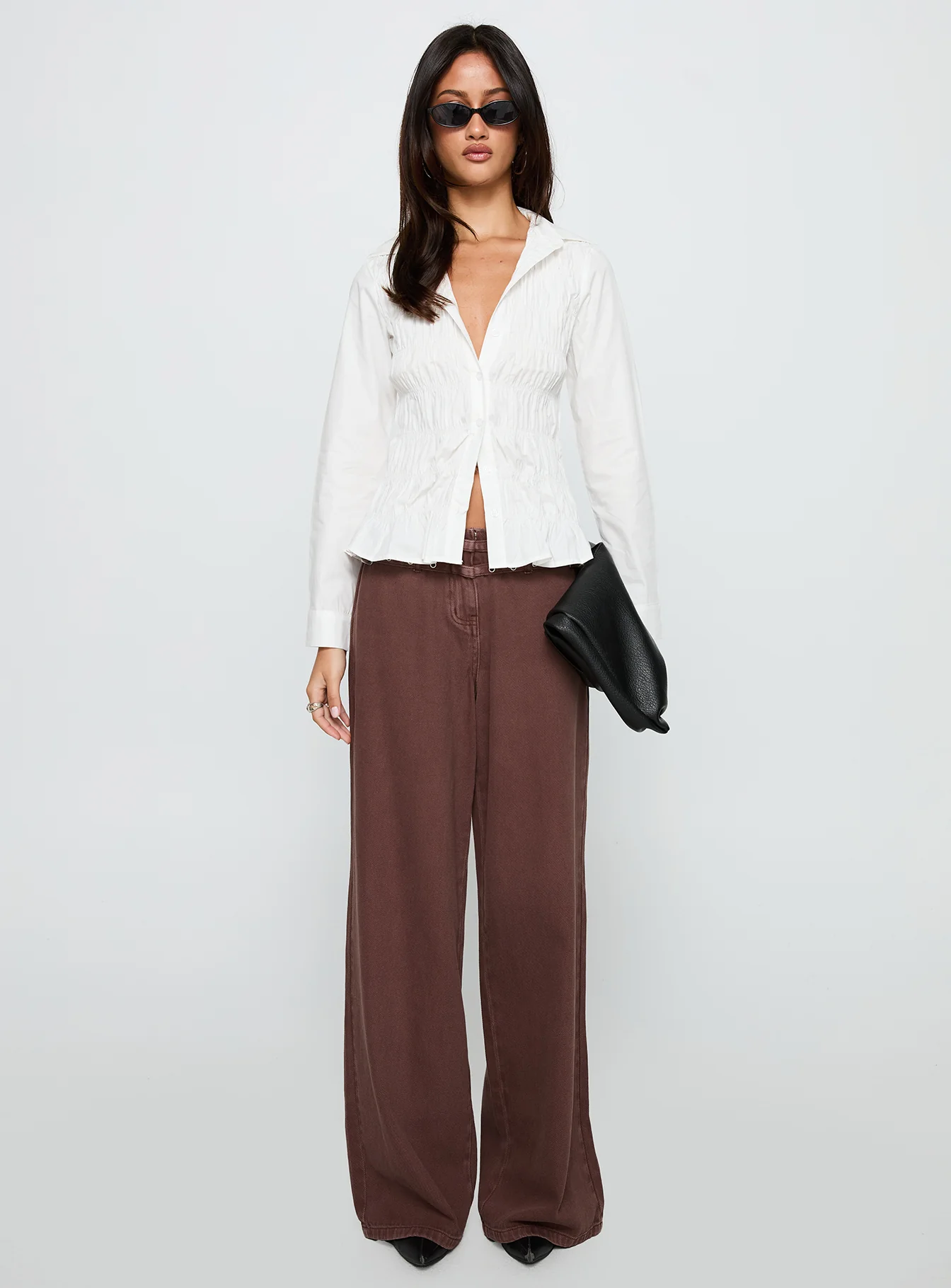 Cultivate Shirred Long Sleeve Top White