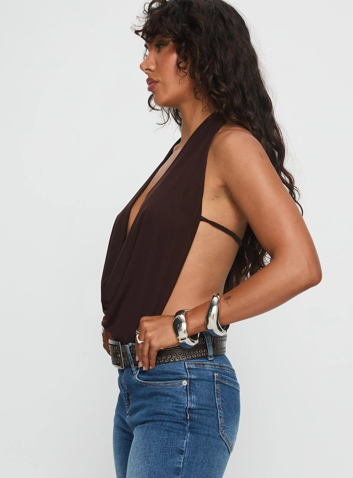 Quinna Plunge Neck Backless Bodysuit Chocolate