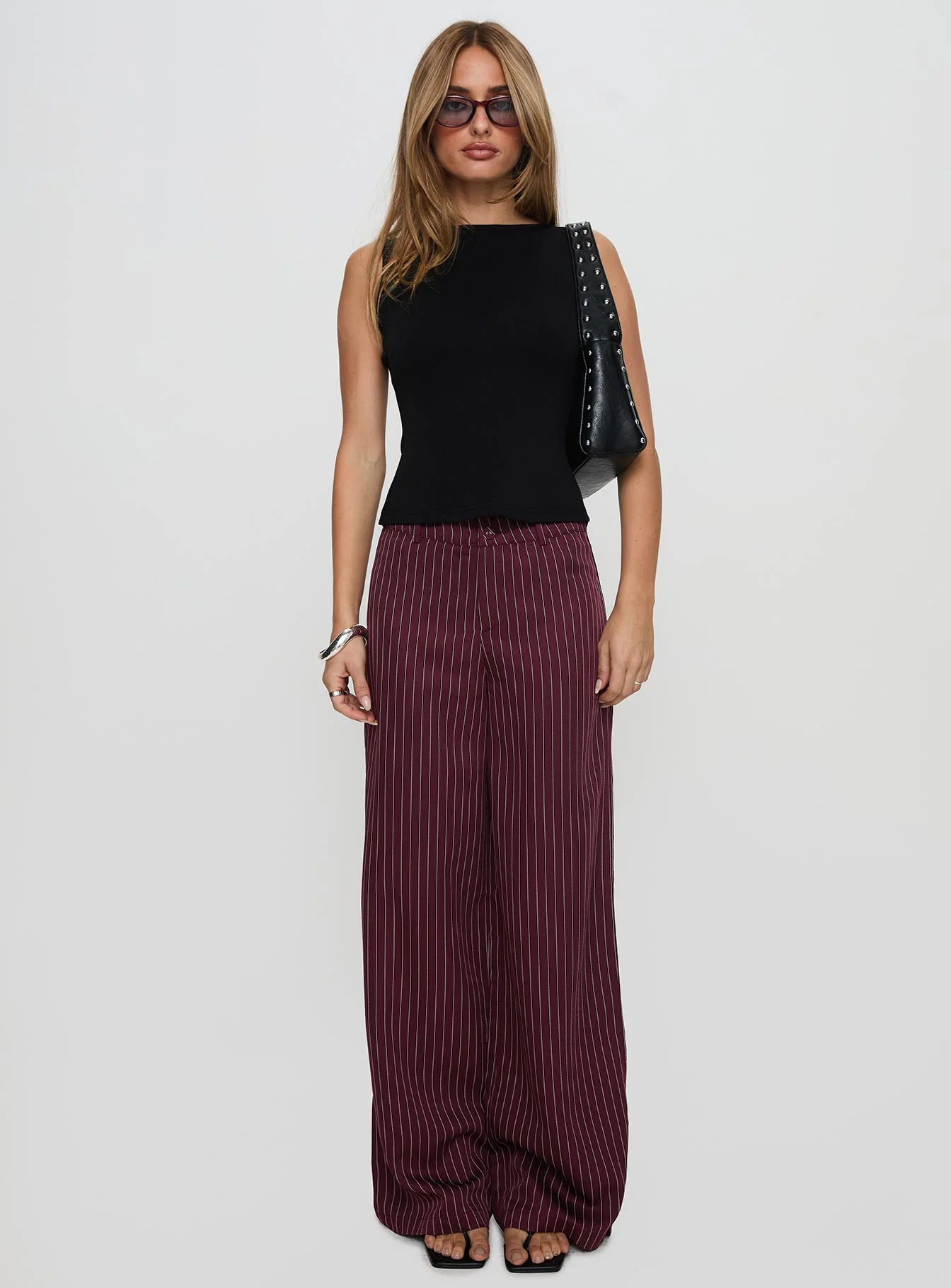 Lorenne Mid Rise Pant Burgundy Pinstripe