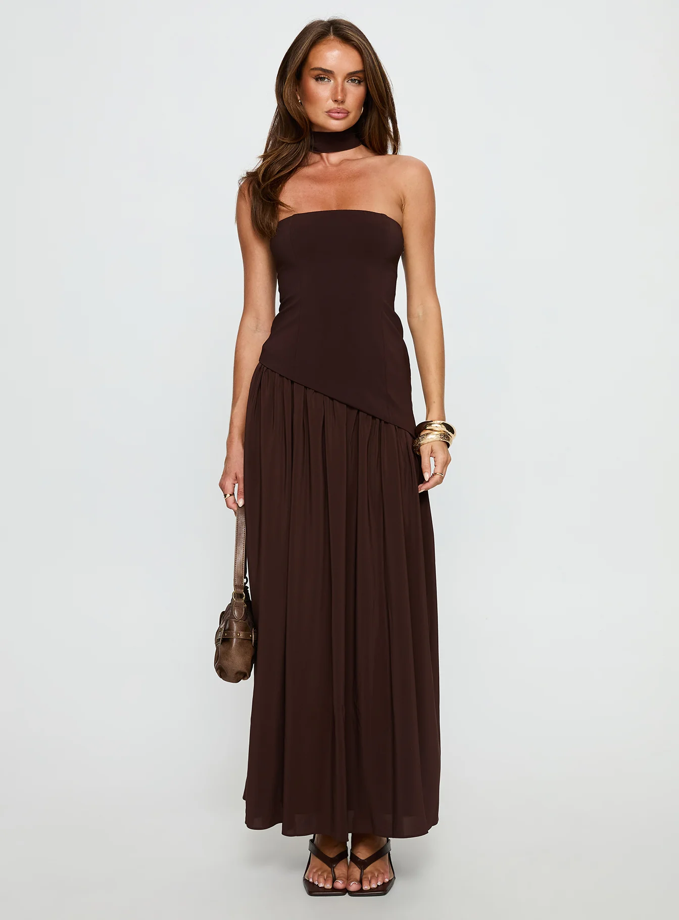 Odela Strapless Drop Waist Maxi Dress Chocolate