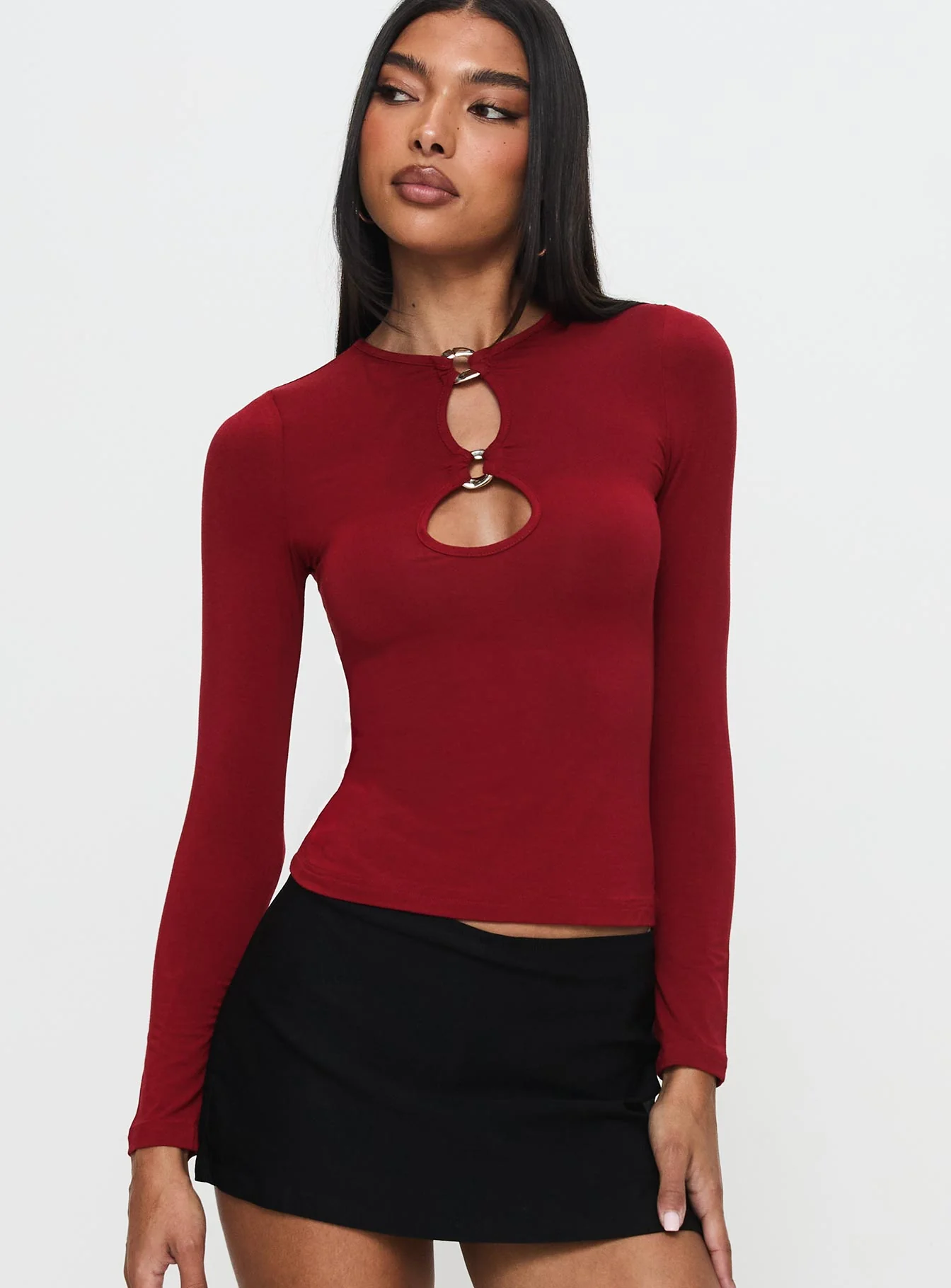 Orlaith Cut Out Long Sleeve Top Burgundy