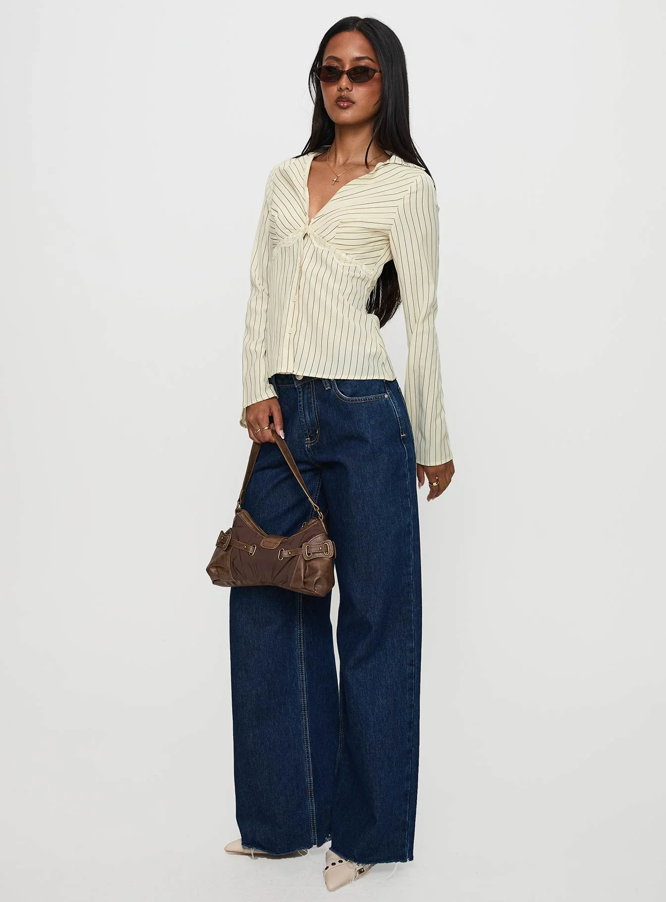 Life Begins Long Sleeve Lace Trim Top Cream Stripe