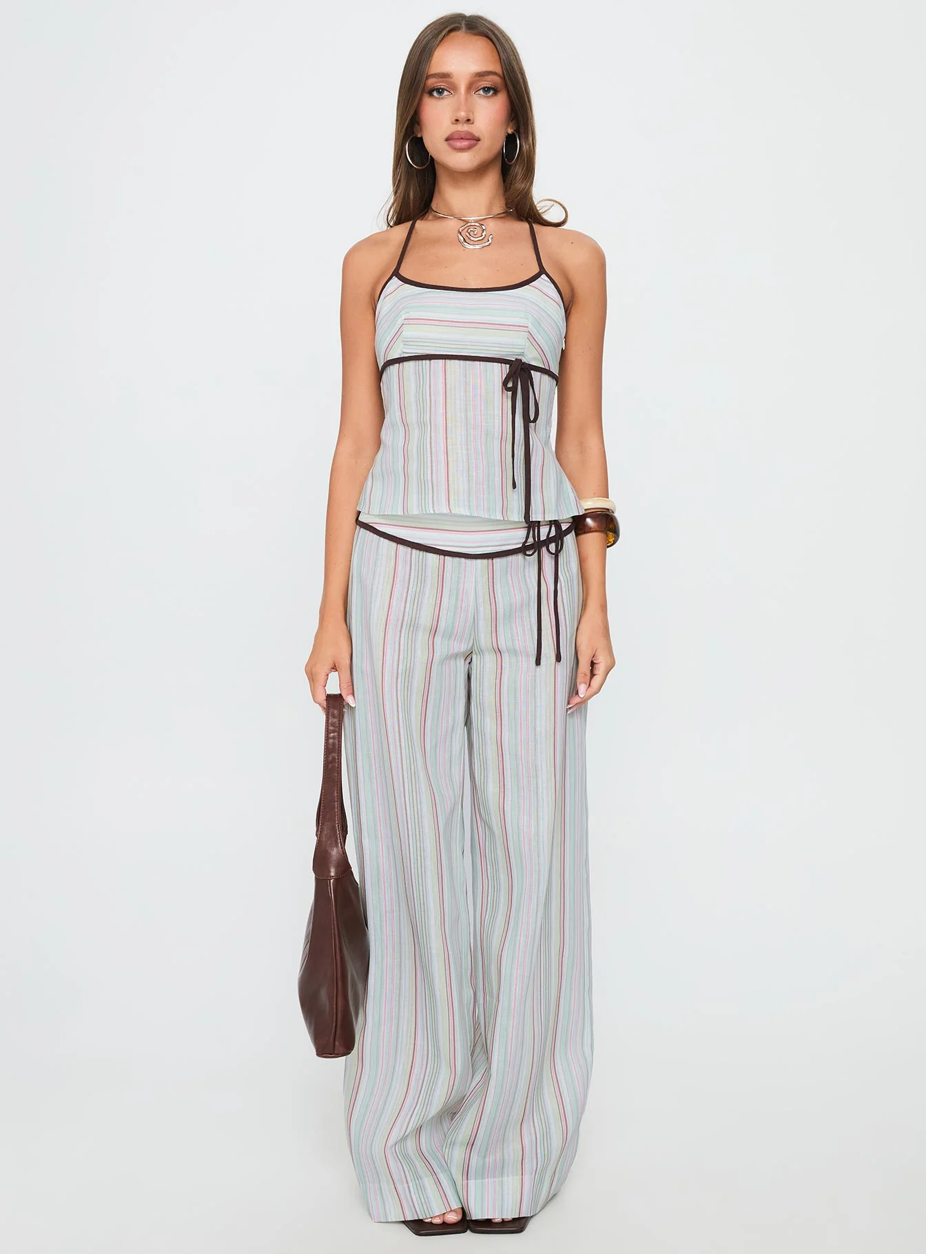 Taylar Thick Waistband Tie Pants Green Stripe