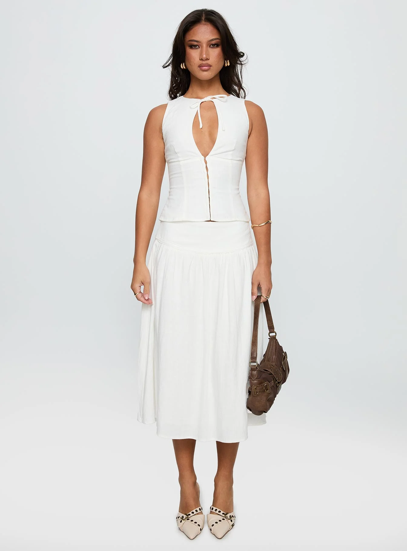 Heart Of Gold Linen Blend Midi Skirt White