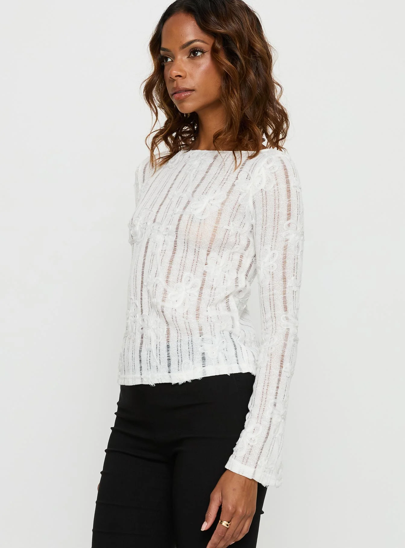 Devanie Sheer Long Sleeve Top White