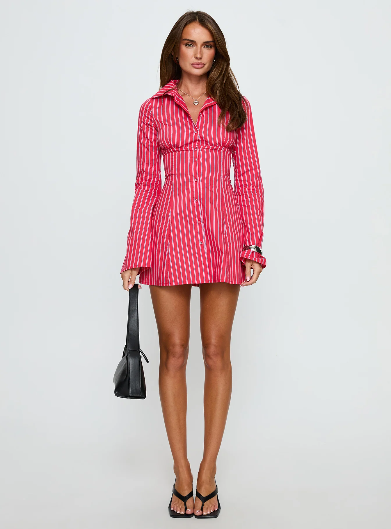 Tawni Long Sleeve Shirt Mini Dress Red Stripe