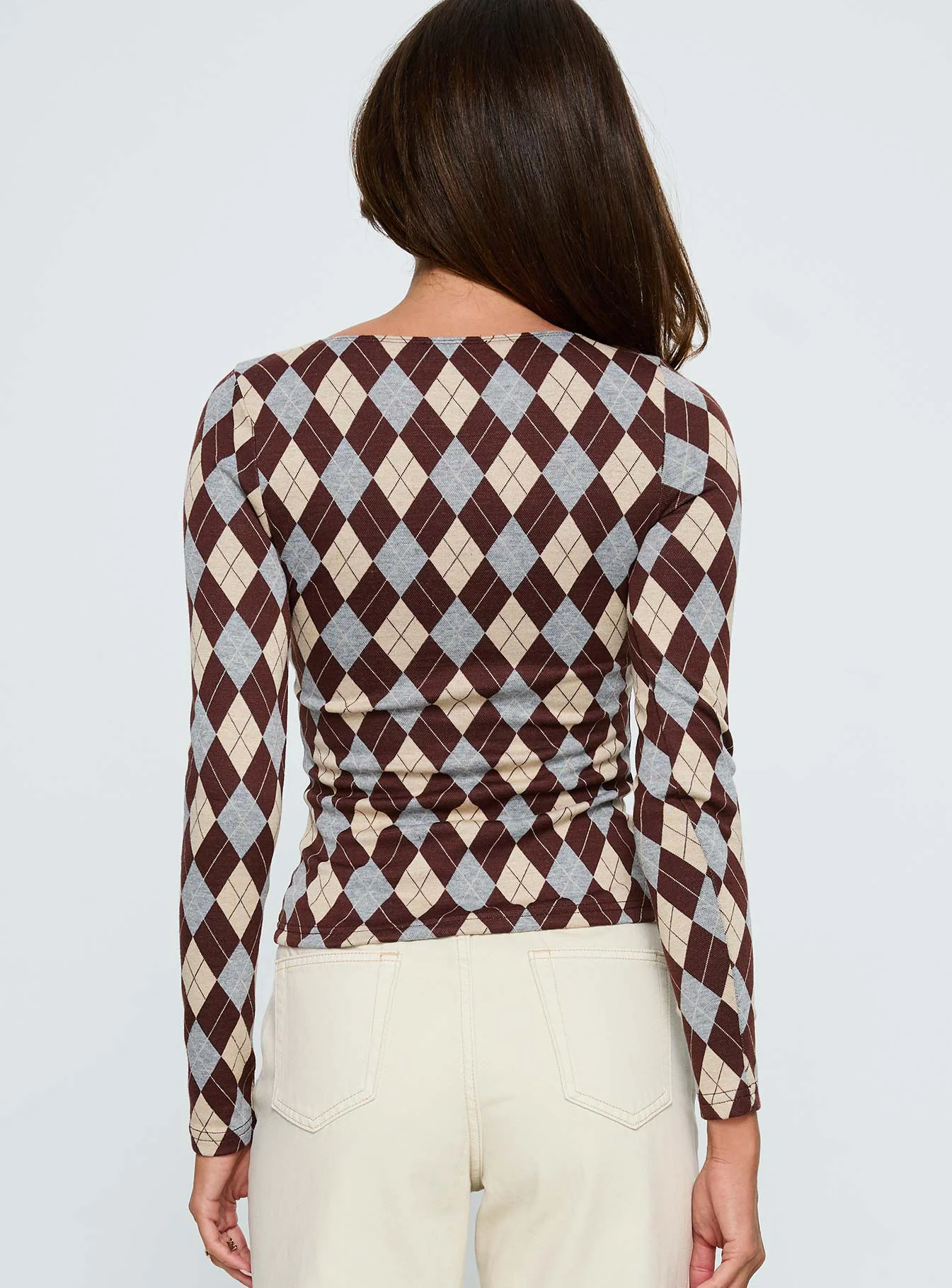 Shonna Boat Neck Long Sleeve Top Argyle