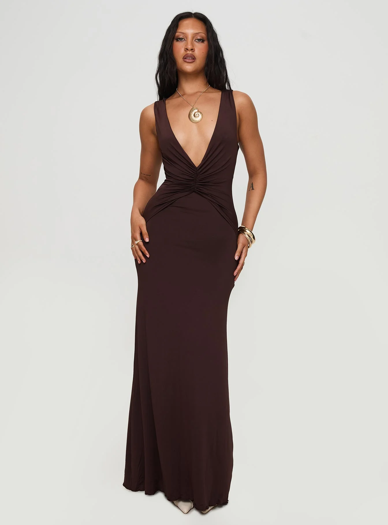Frederica Plunge Maxi Dress Chocolate Petite