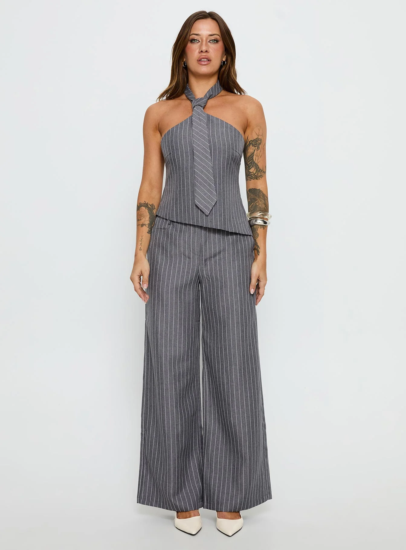 Uvelia Tie Detail Top Grey Pinstripe