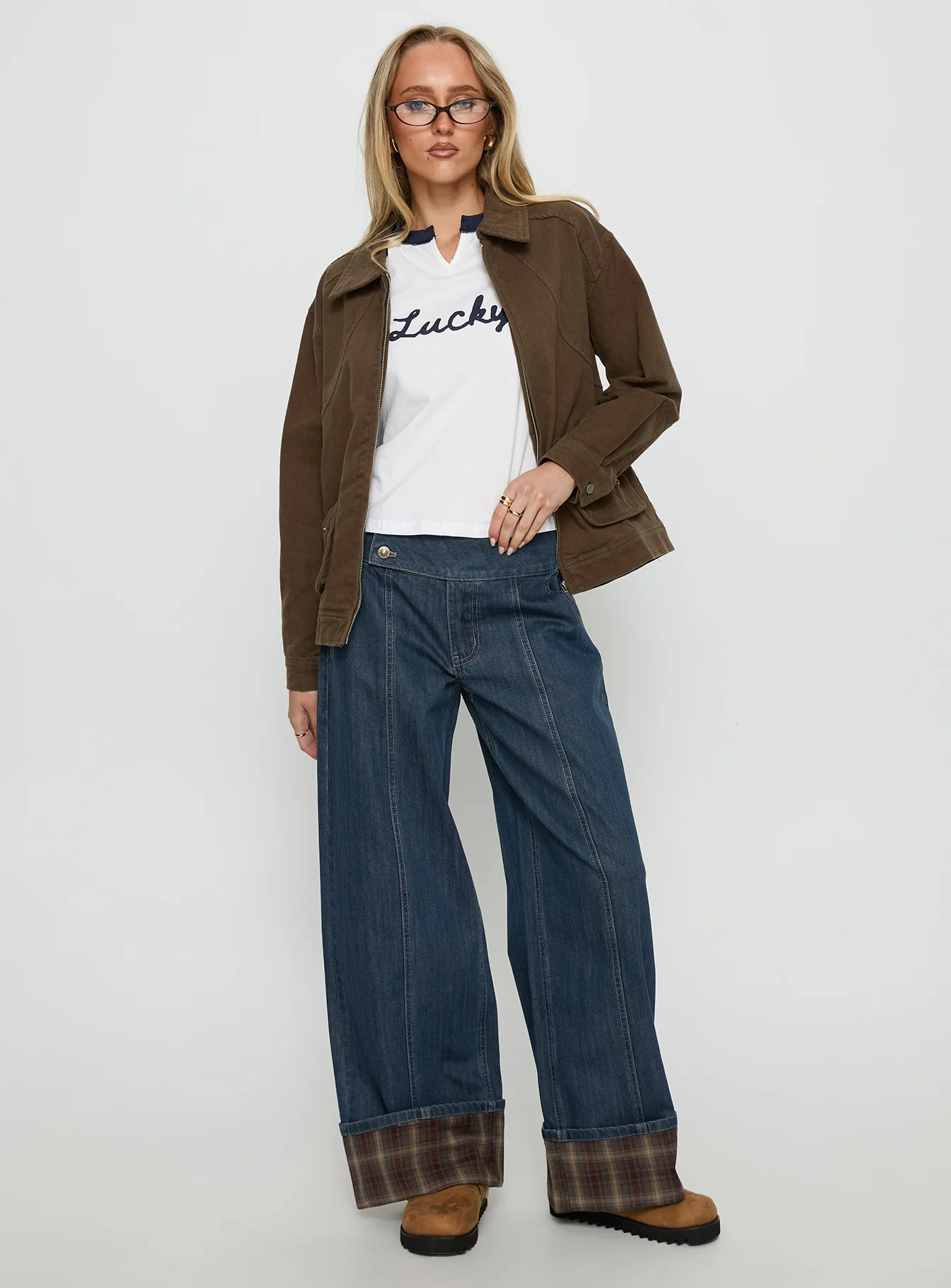 Nikoletta Foldover Jeans Dark Wash / Check