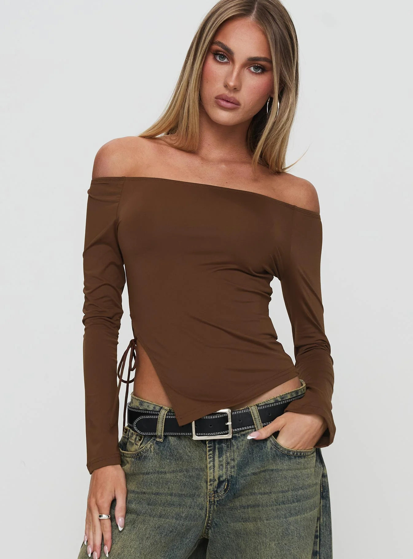 Endellion Off Shoulder Long Sleeve Top Chocolate