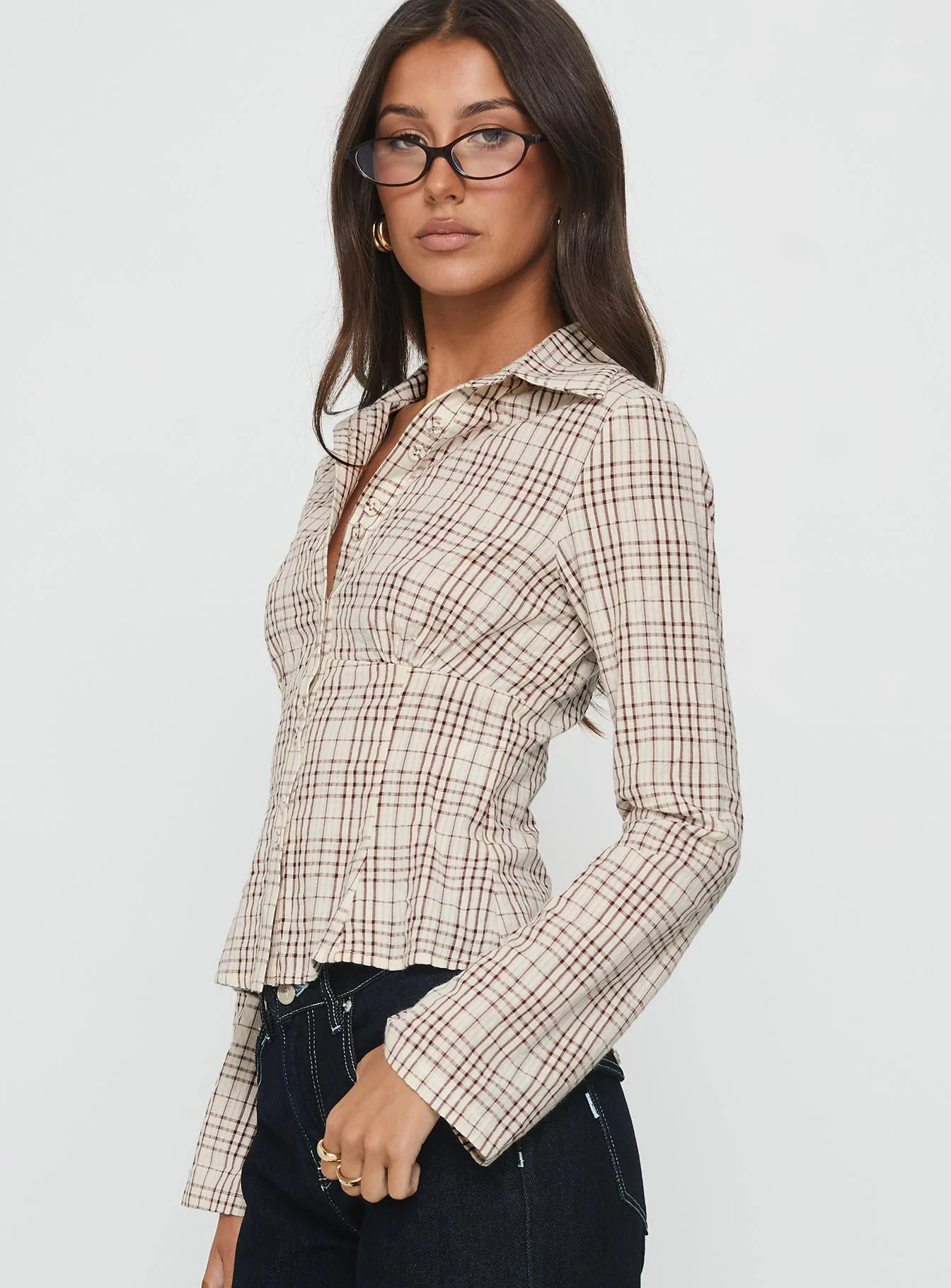 Cottesloe Long Sleeve Blouse Top Brown Check