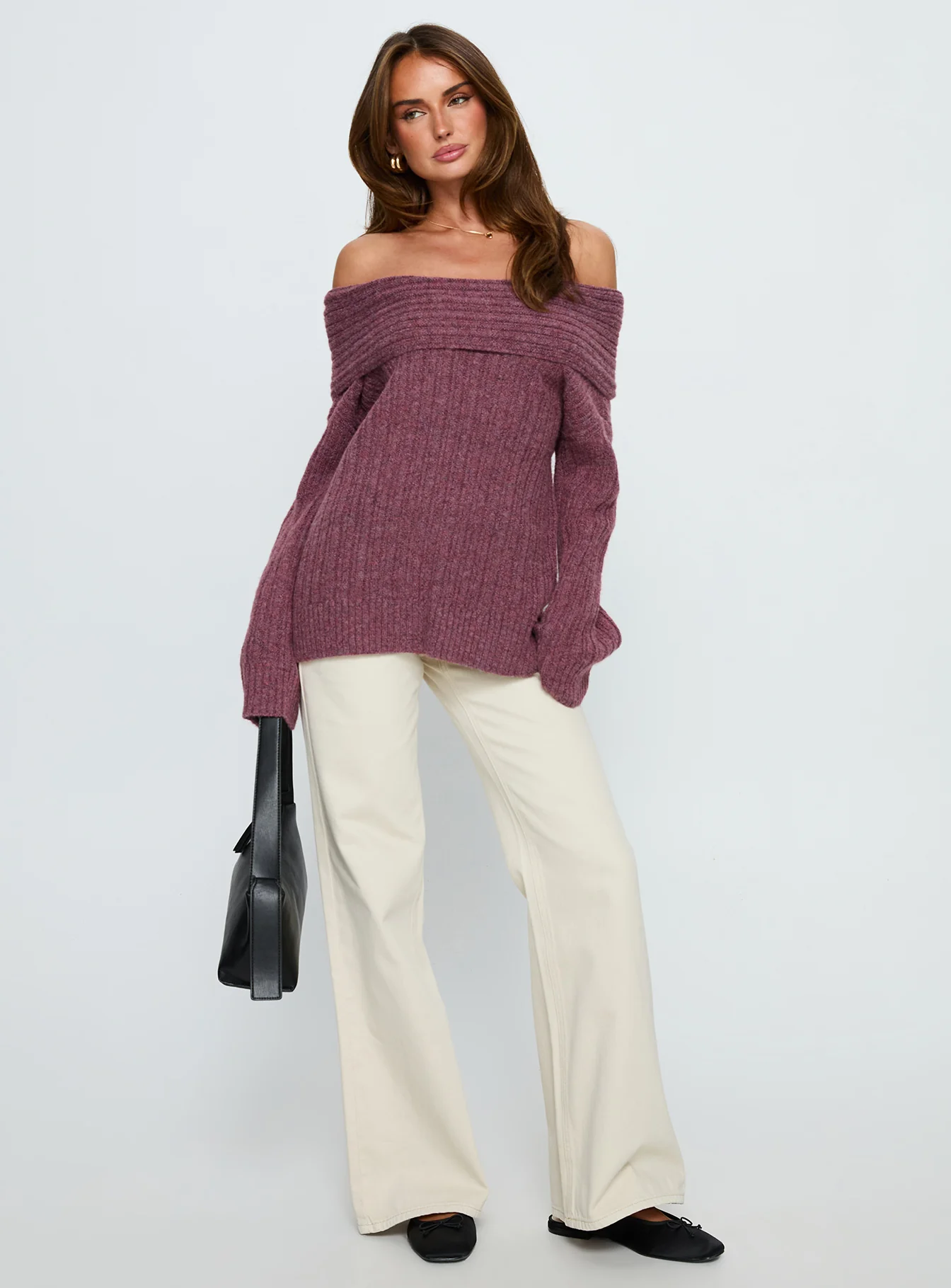 Snowie Off Shoulder Knit Sweater Burgundy