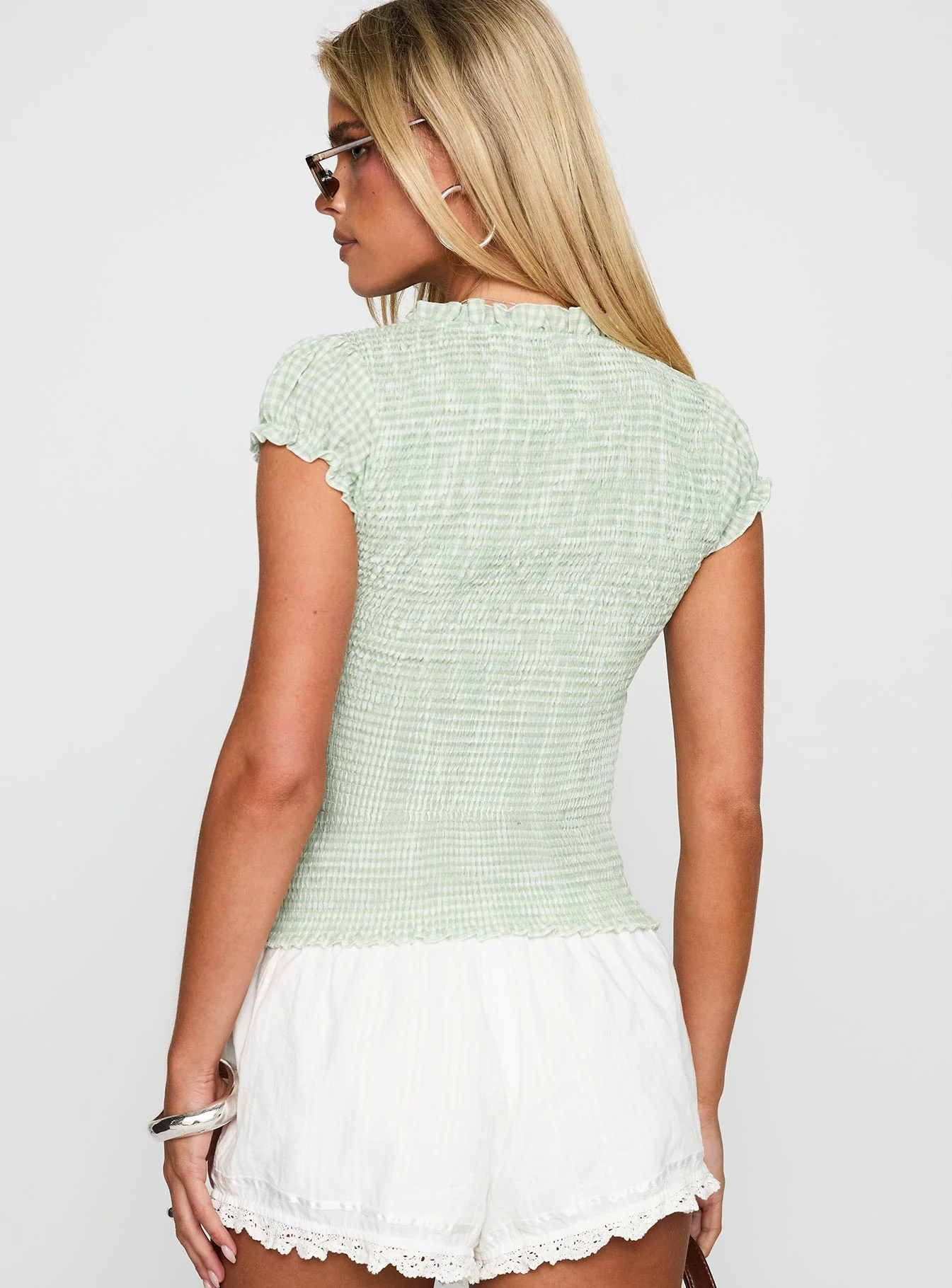 Coast To Coast Shirred Top Sage Check