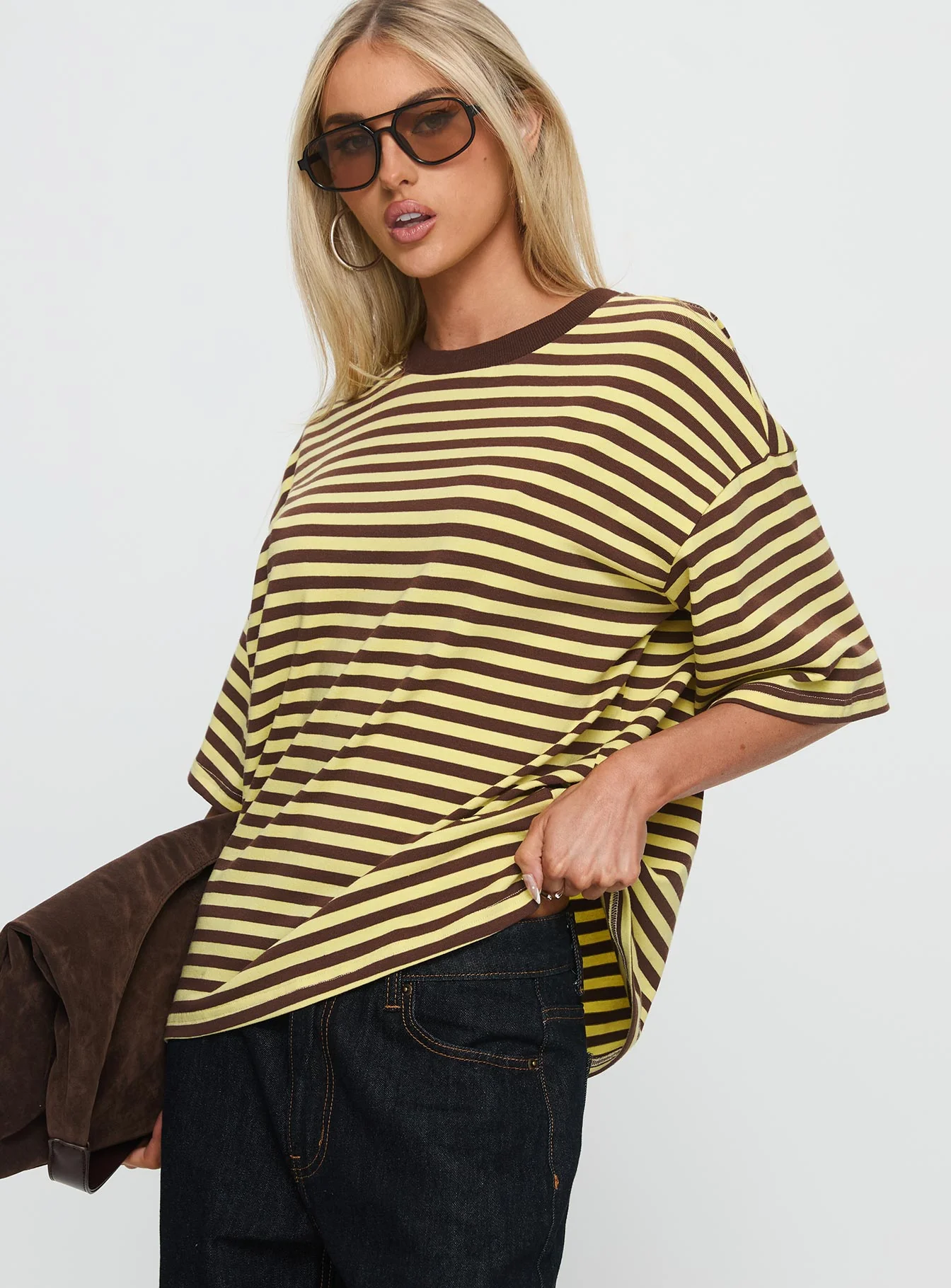 Settle Down Short Sleeve Top Yellow / Brown Stripe