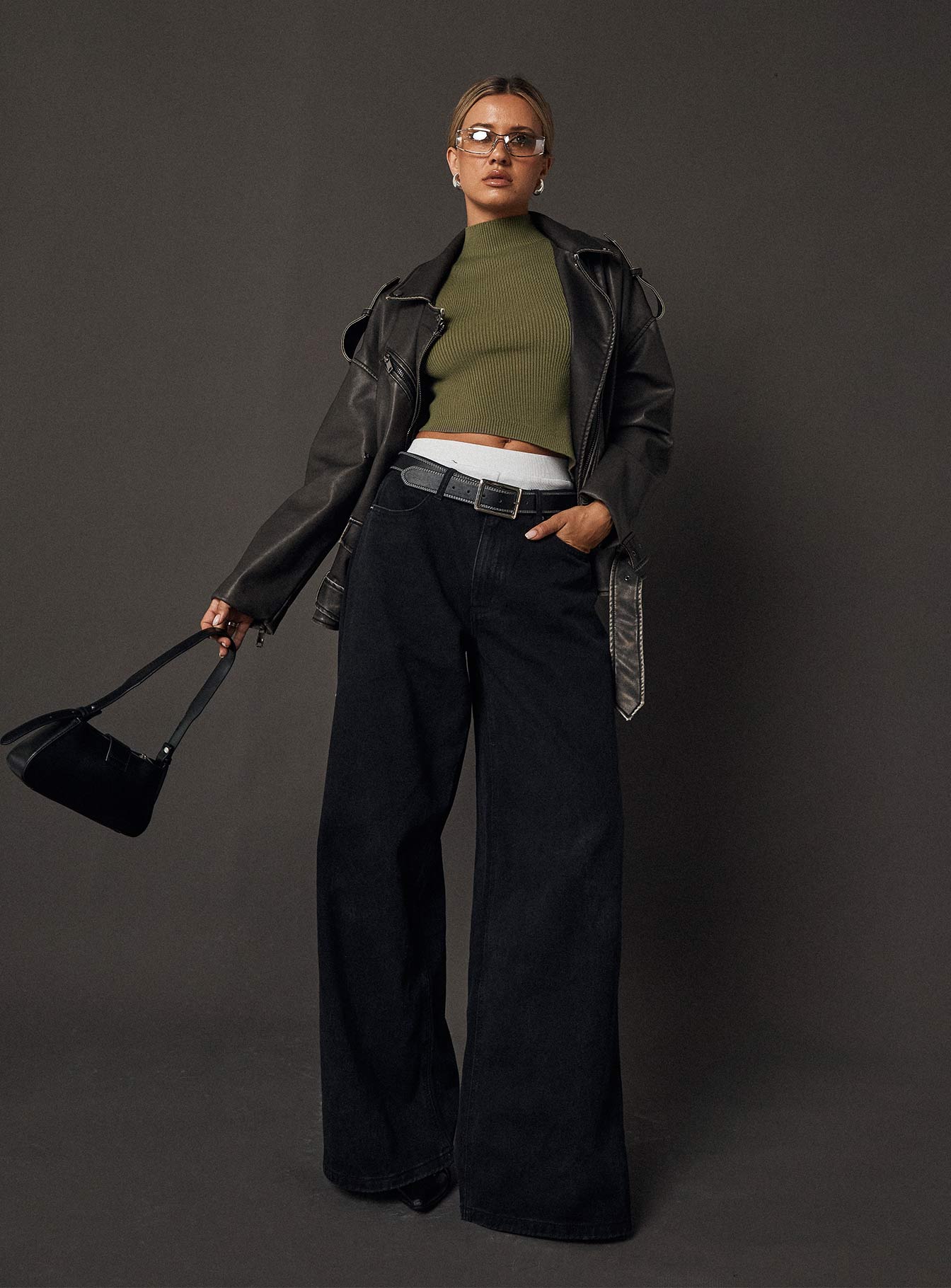 Naylor Mid Rise Wide Leg Jeans Washed Black Denim