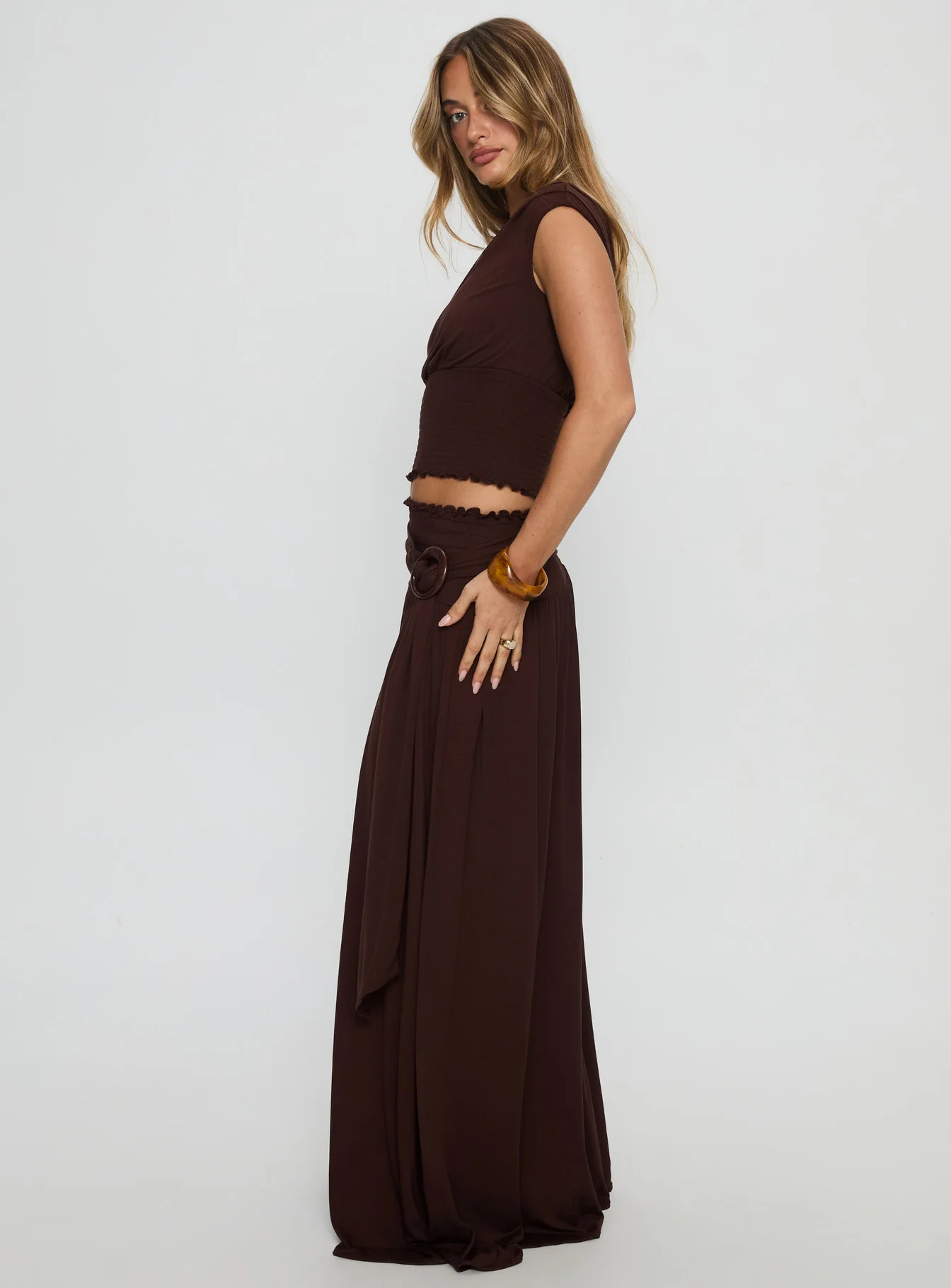 Full Orbit Shirred Maxi Skirt Chocolate Brown