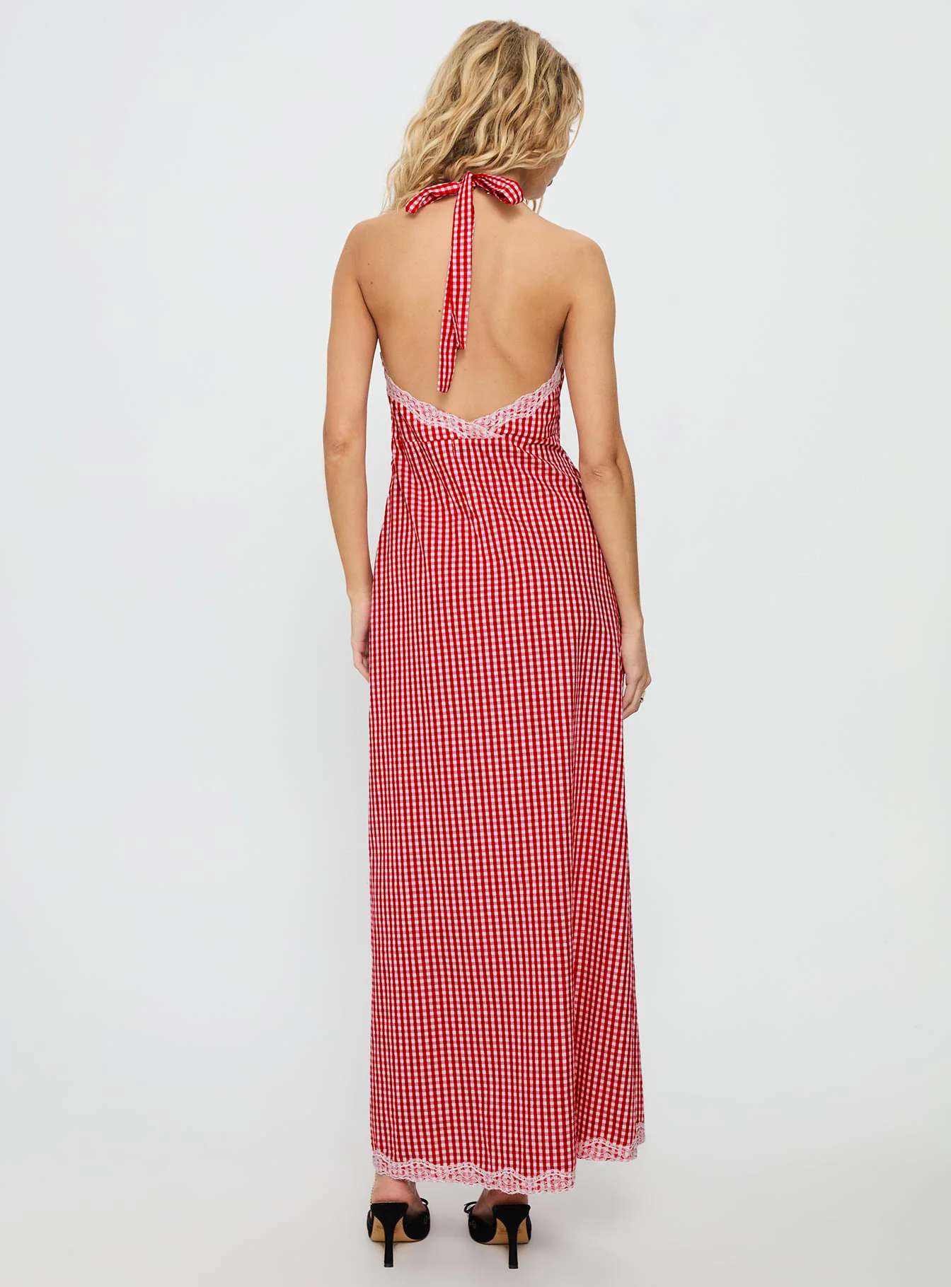 Betsie Halter Lace Maxi Dress Red Gingham