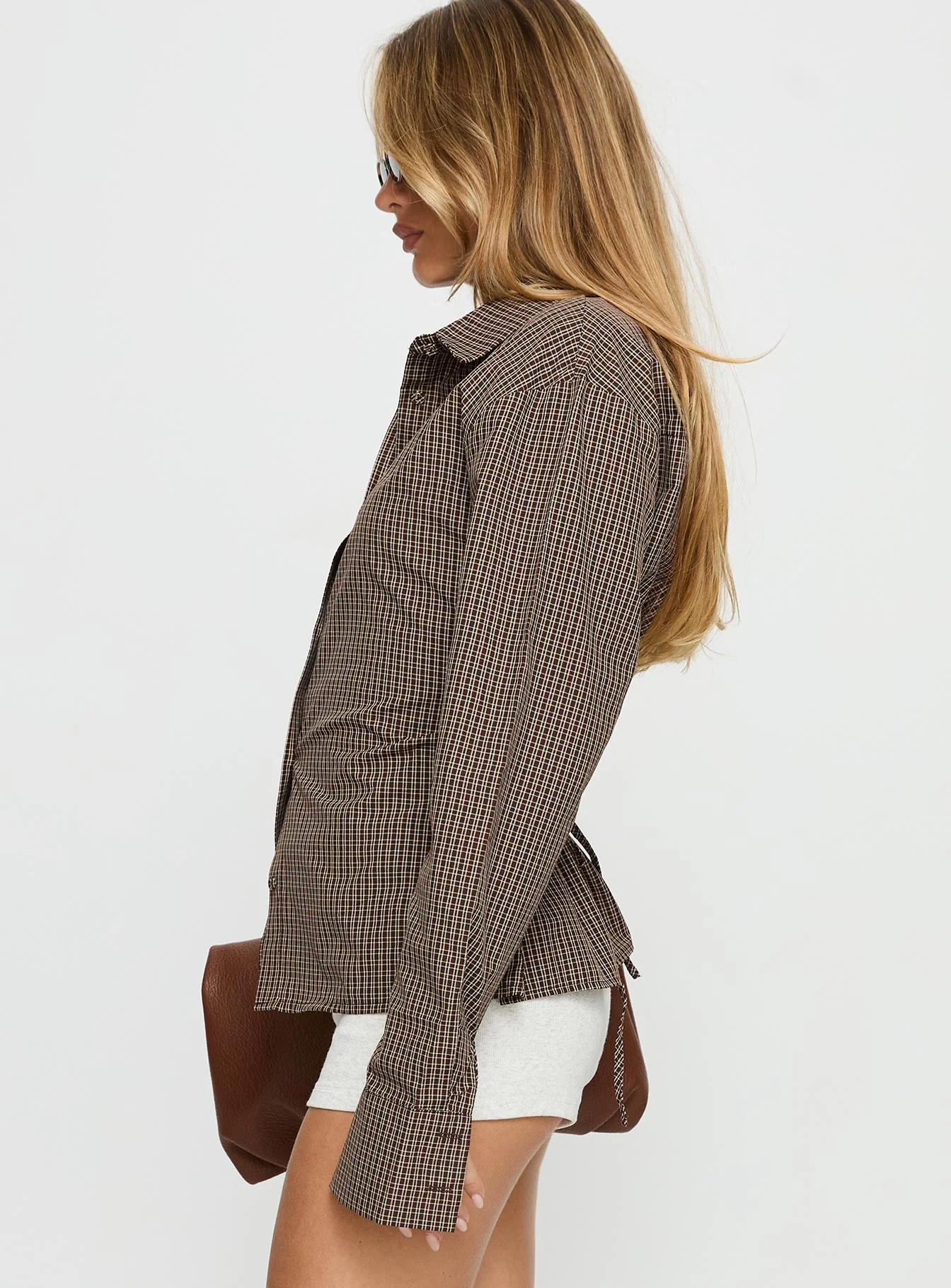 Xinia Tie Waist Long Sleeve Shirt Brown Check