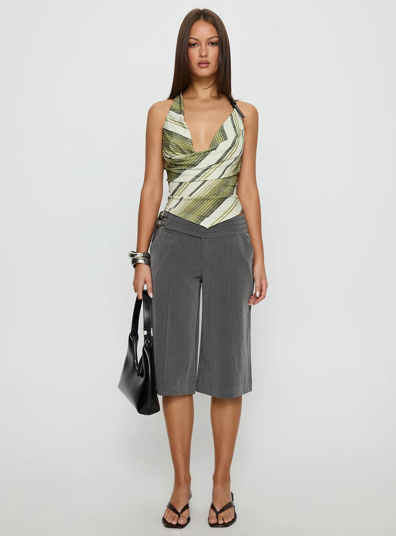 Syrenah Halter Cowl Neck Top Green Stripe