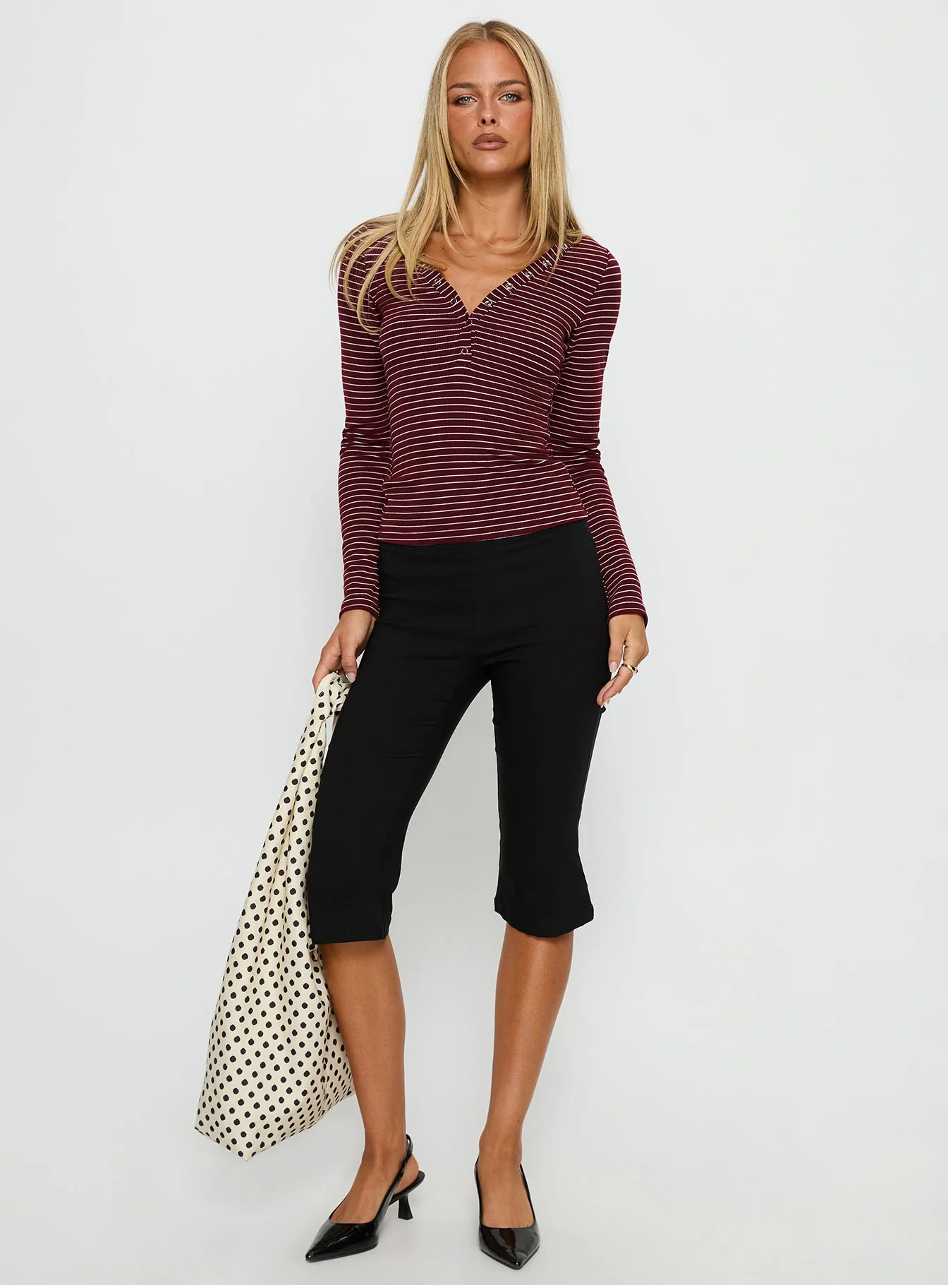 Georgeanna Button Up Long Sleeve Top Burgundy Stripe