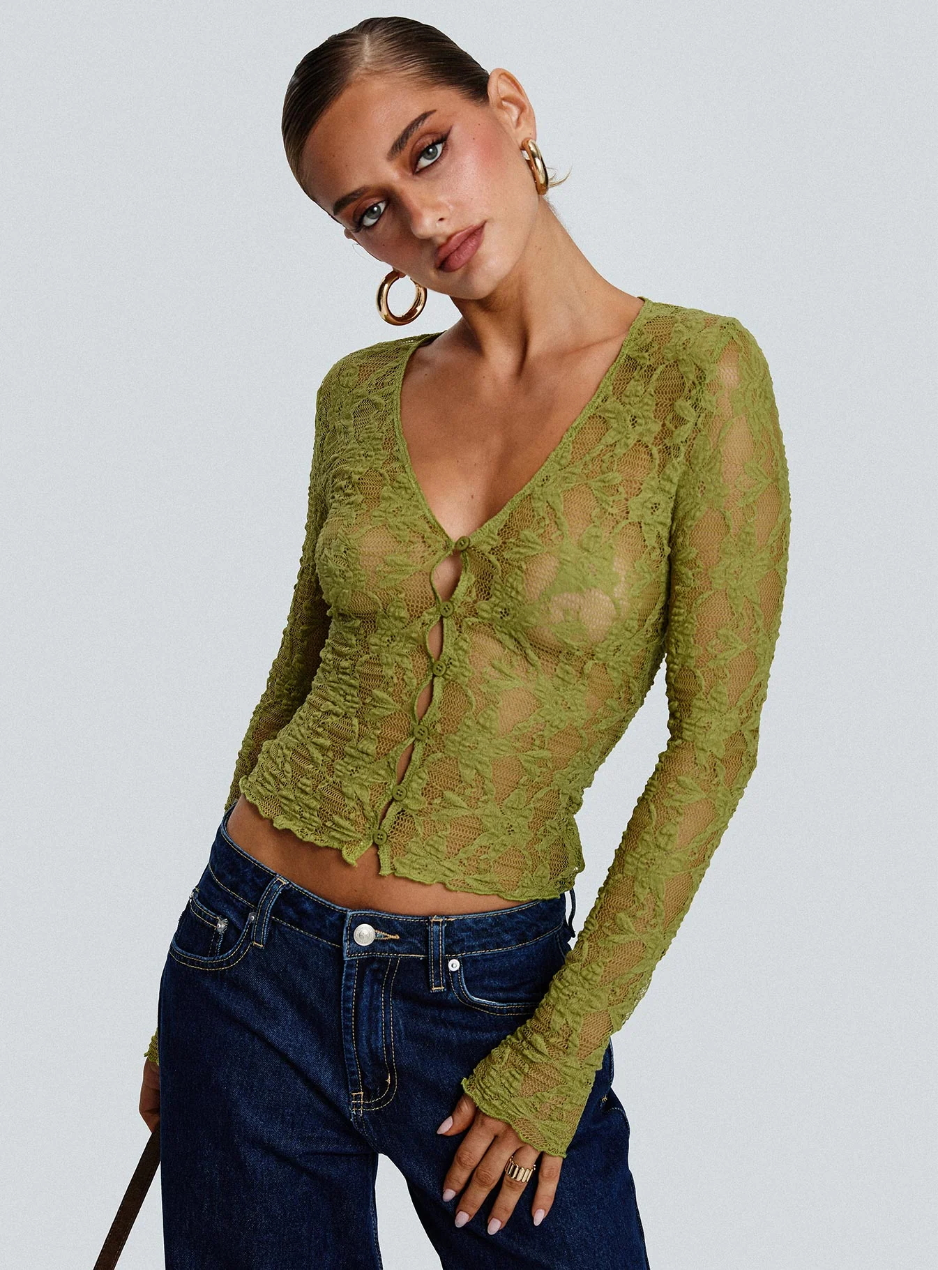 Prized Possessions Sheer Button Up Top Green