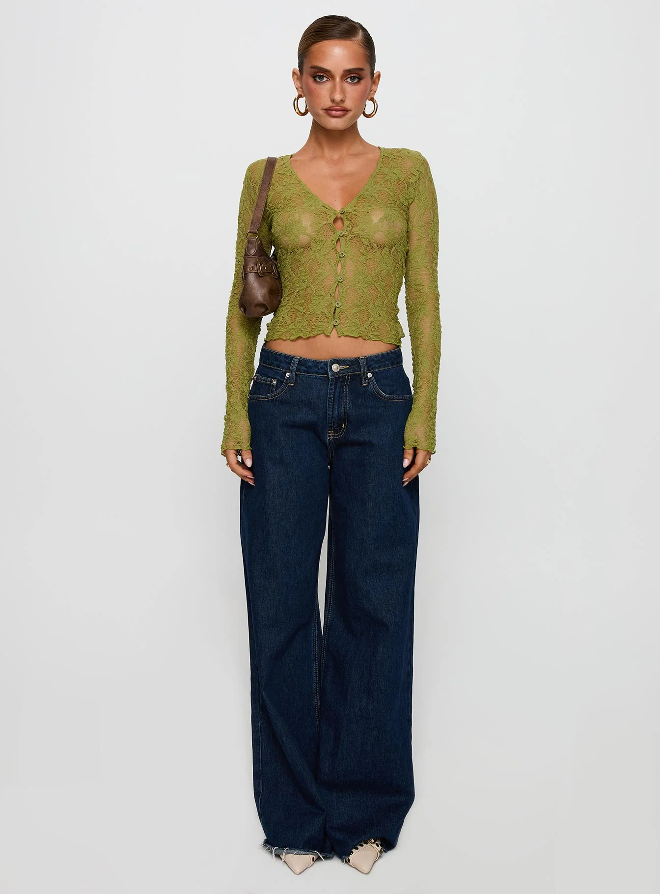 Prized Possessions Sheer Button Up Top Green