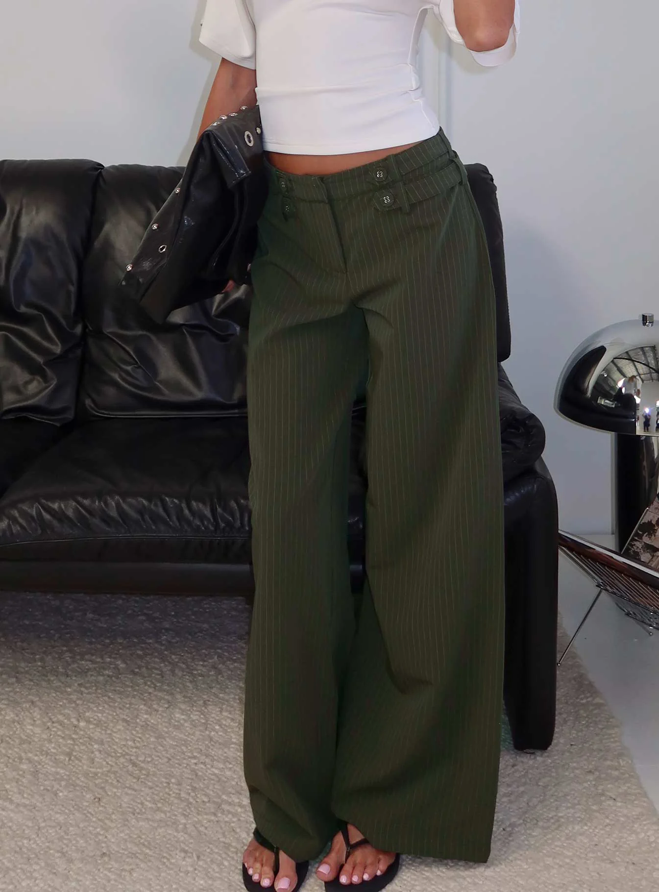 Jette Tailored Buckle Pant Green Pinstripe