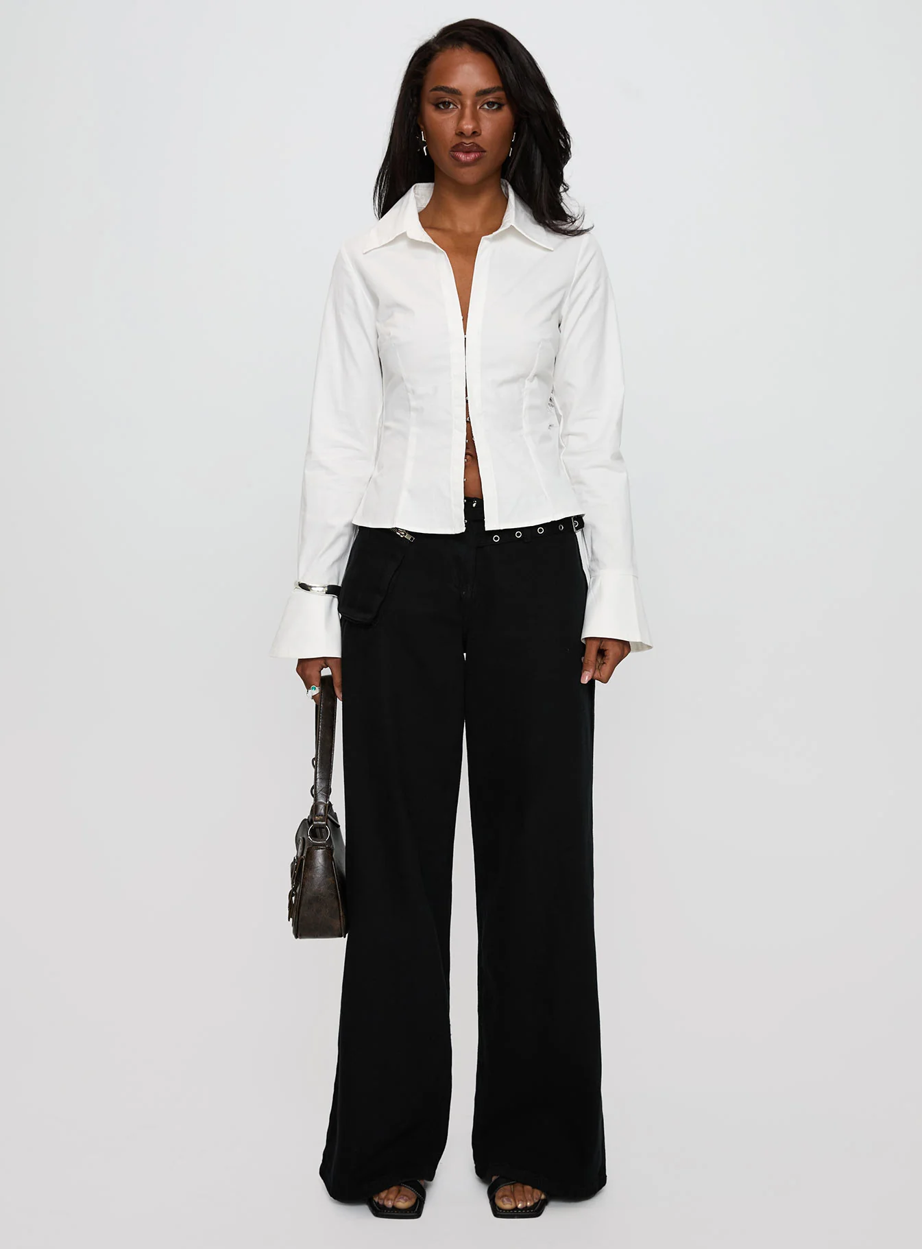 By The Phone Long Sleeve Collared Top White