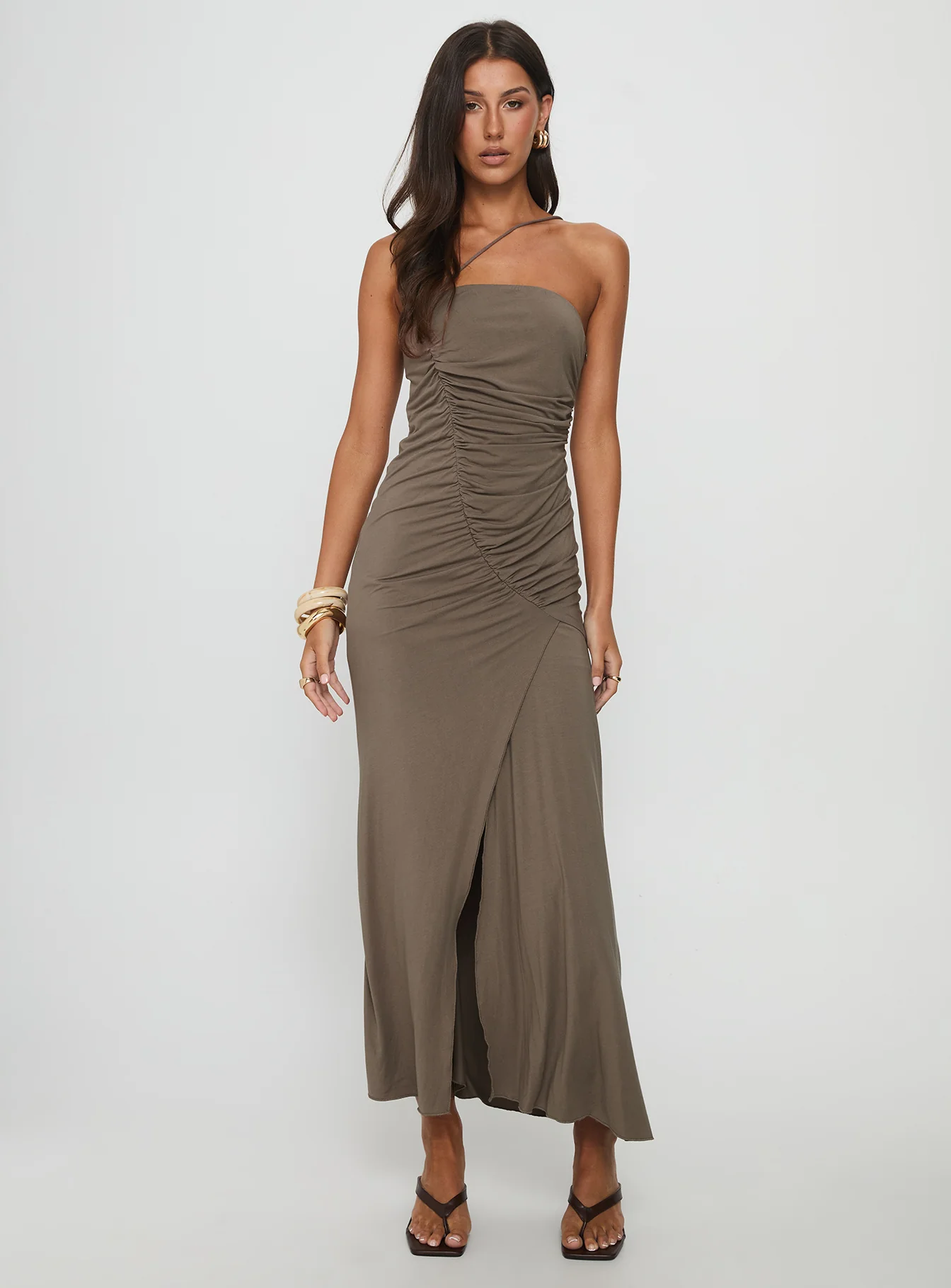 Romanie One Shoulder Ruched Maxi Dress Taupe