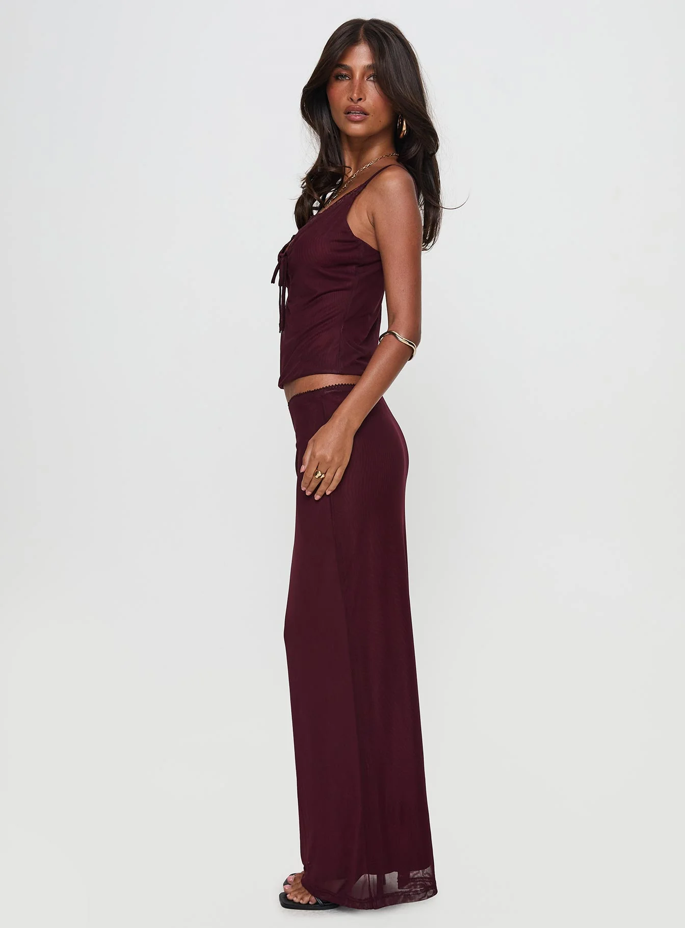 Reiko Lace Trim Tie Front Maxi Set Burgundy
