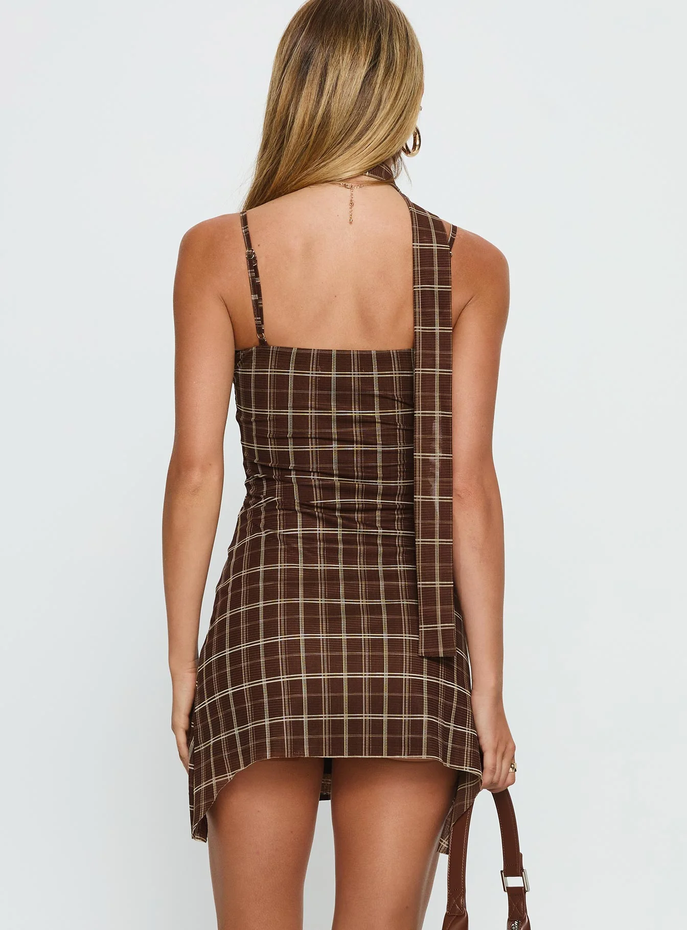 Love Unknown Scarf Tie Mini Dress Brown Check