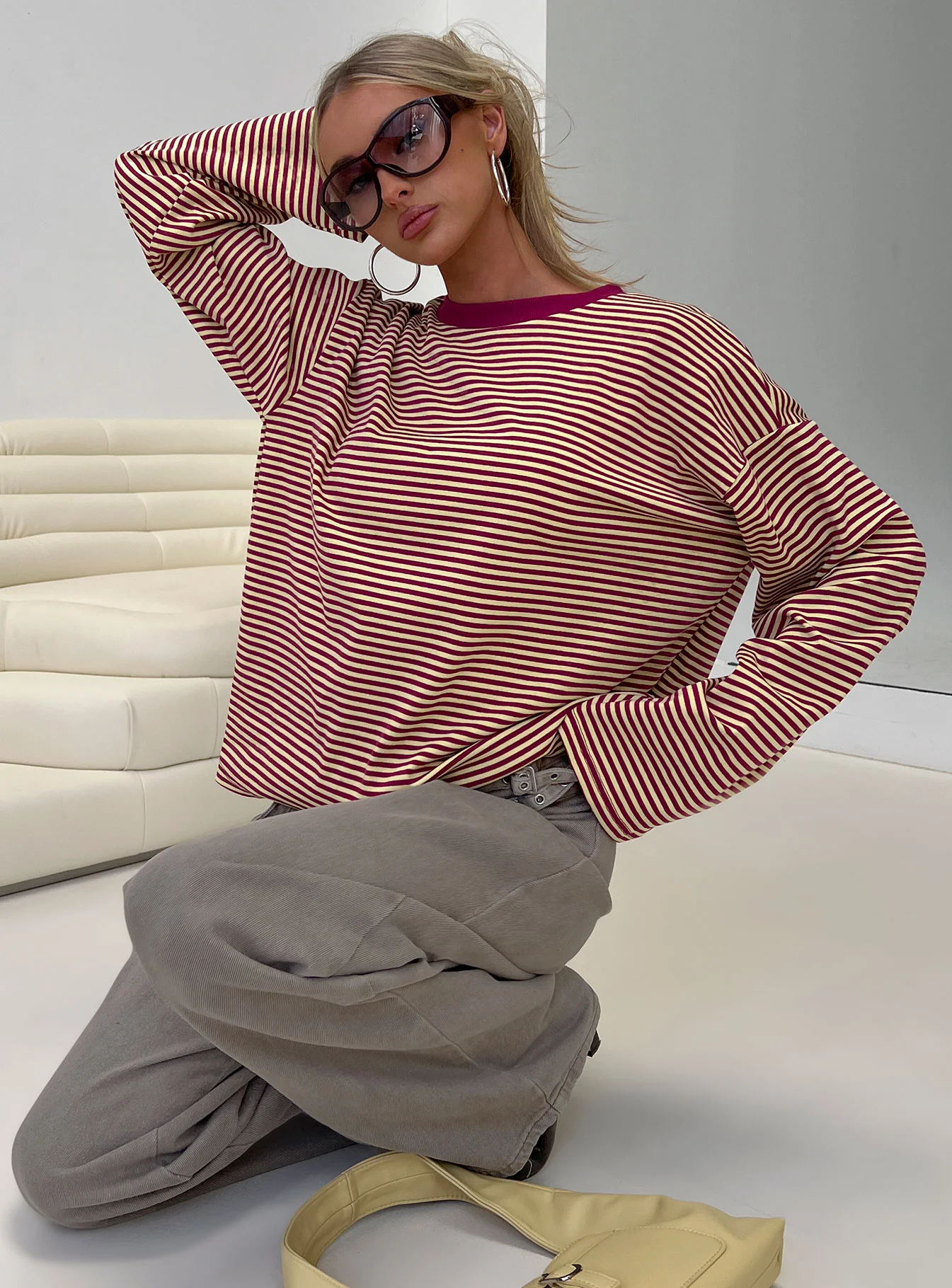 Settle Down Long Sleeve Top Lemon / Burgundy Stripe