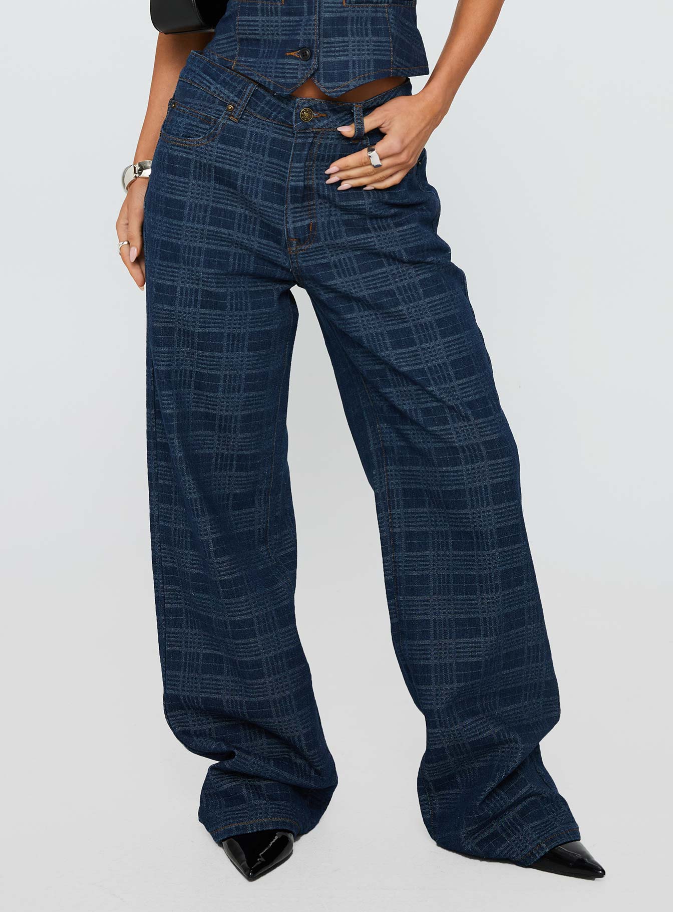 Top Model Low Rise Straight Leg Jeans Indigo Plaid