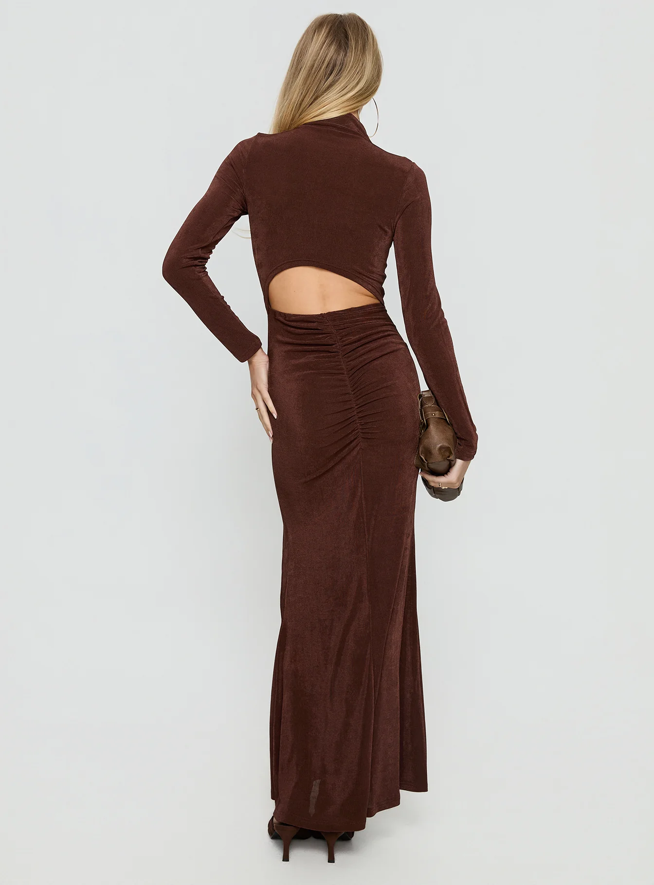 Yaqueline Long Sleeve Ruched Maxi Dress Chocolate