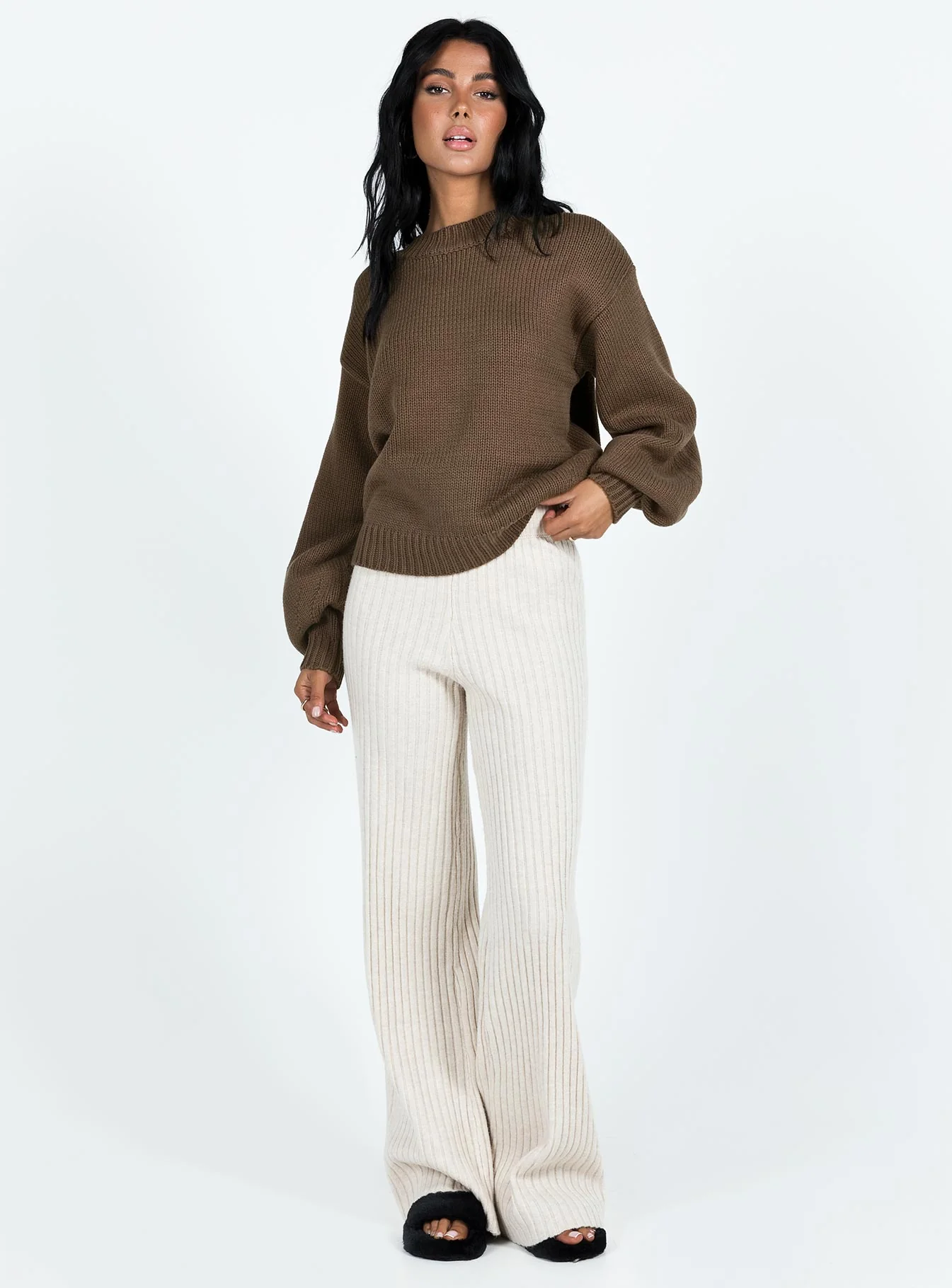 Harmony Balloon Sleeve Knit Sweater Dark Brown