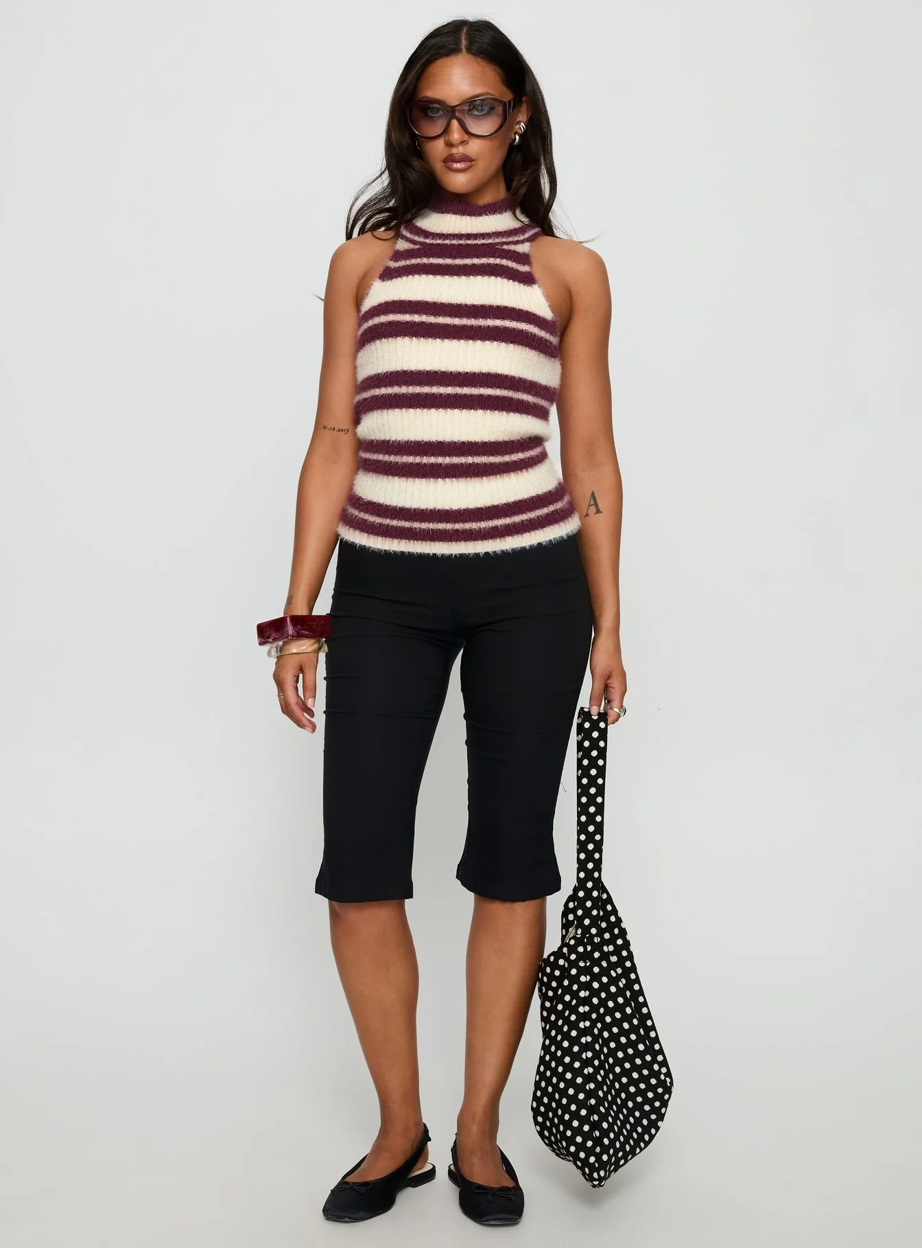 Heide High Neck Fluffy Top Burgundy Stripe