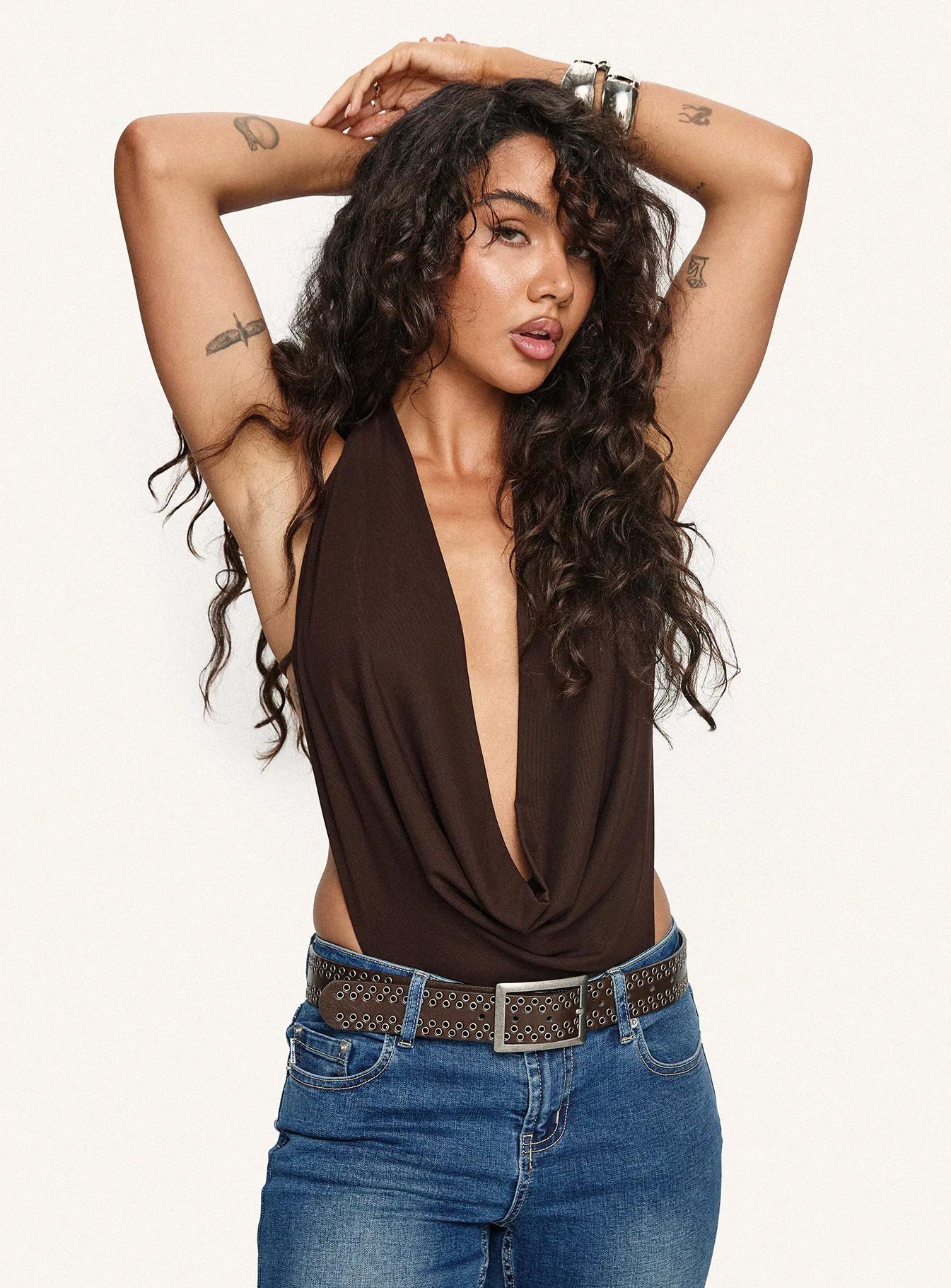 Quinna Plunge Neck Backless Bodysuit Chocolate